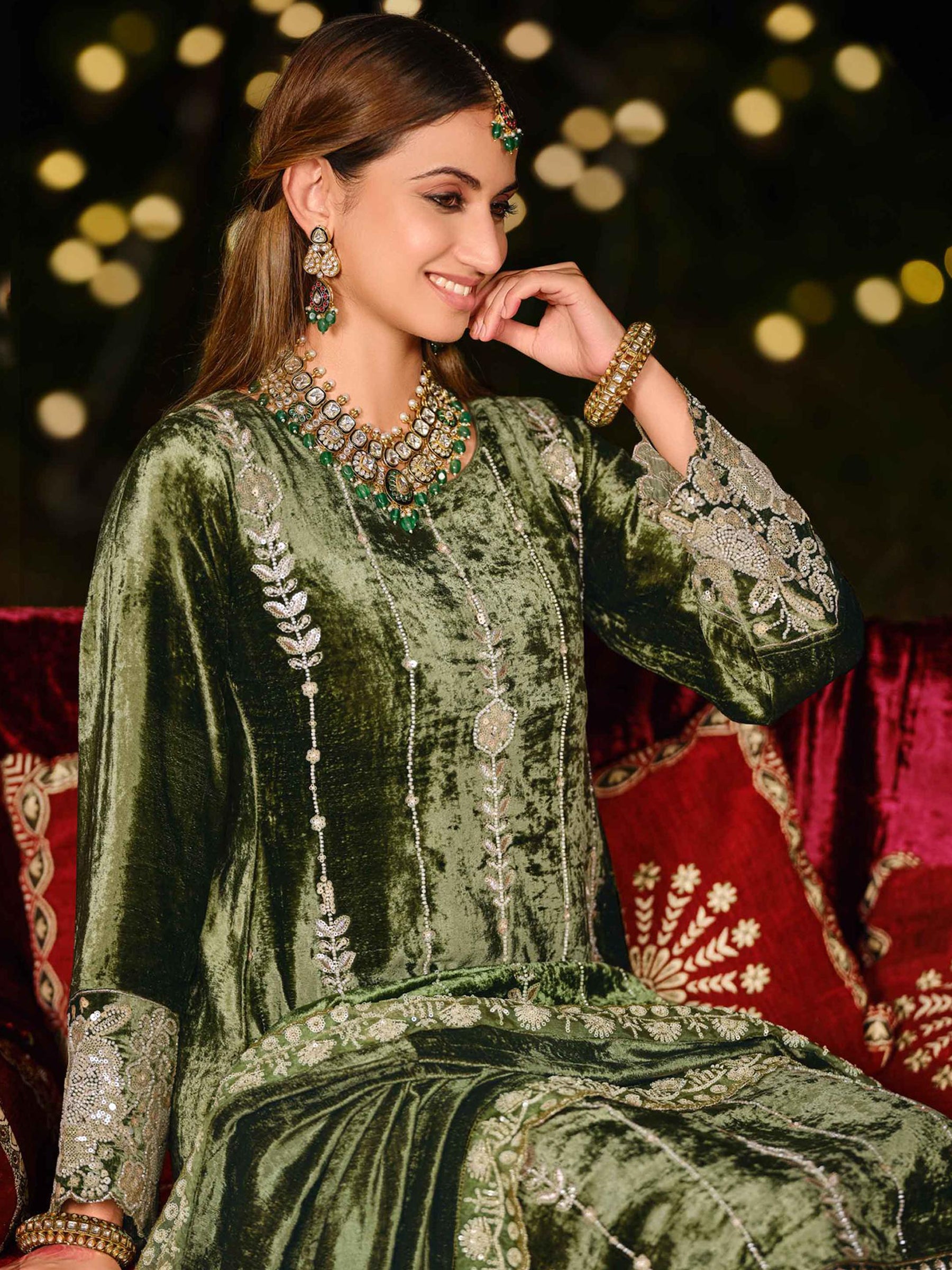 Earthy Olive Velvet Jardoshi Dress Material | Hand-Embroidered Beads & Sequin Couture