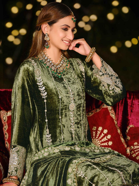 Earthy Olive Velvet Jardoshi Dress Material | Hand-Embroidered Beads & Sequin Couture