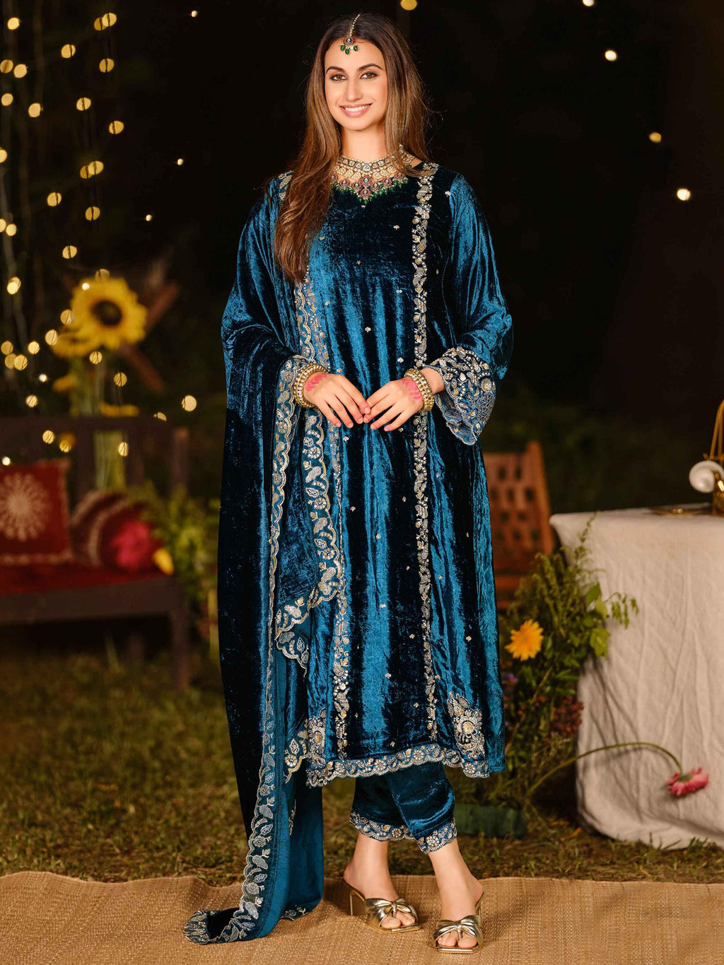 Royal Navy Blue Velvet Jardoshi Embroidered Dress Material | Elegant Handwork with Beads & Sequin