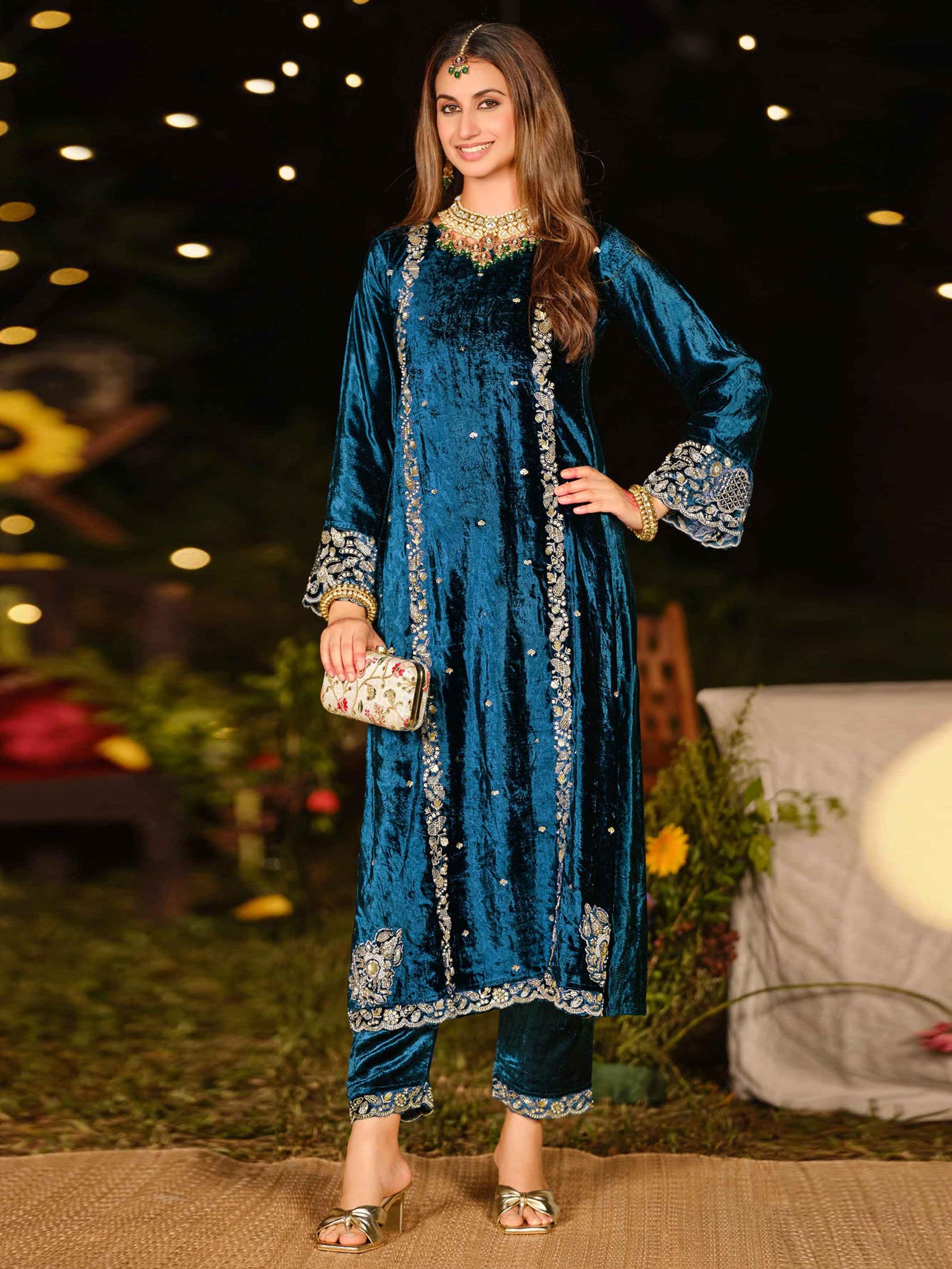 Royal Navy Blue Velvet Jardoshi Embroidered Dress Material | Elegant Handwork with Beads & Sequin