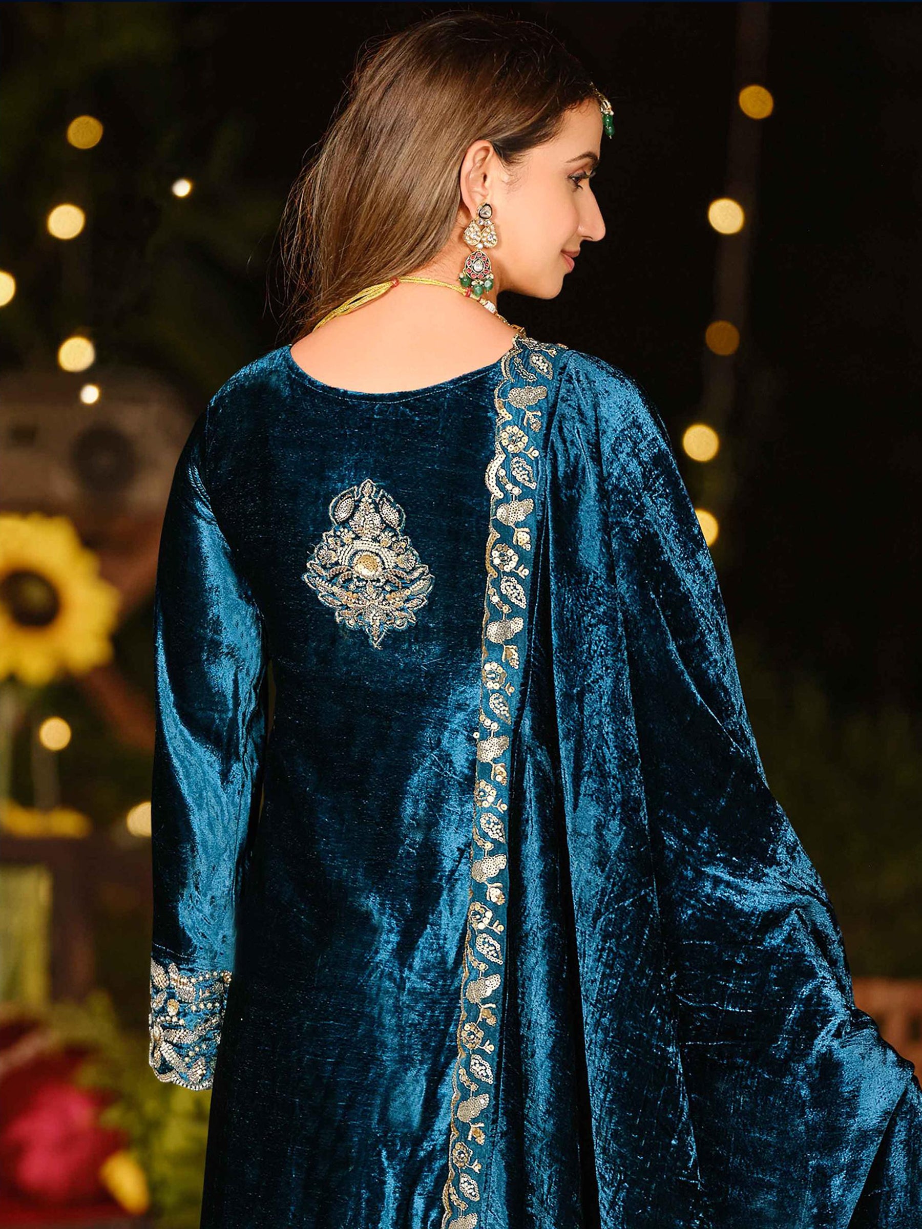 Royal Navy Blue Velvet Jardoshi Embroidered Dress Material | Elegant Handwork with Beads & Sequin