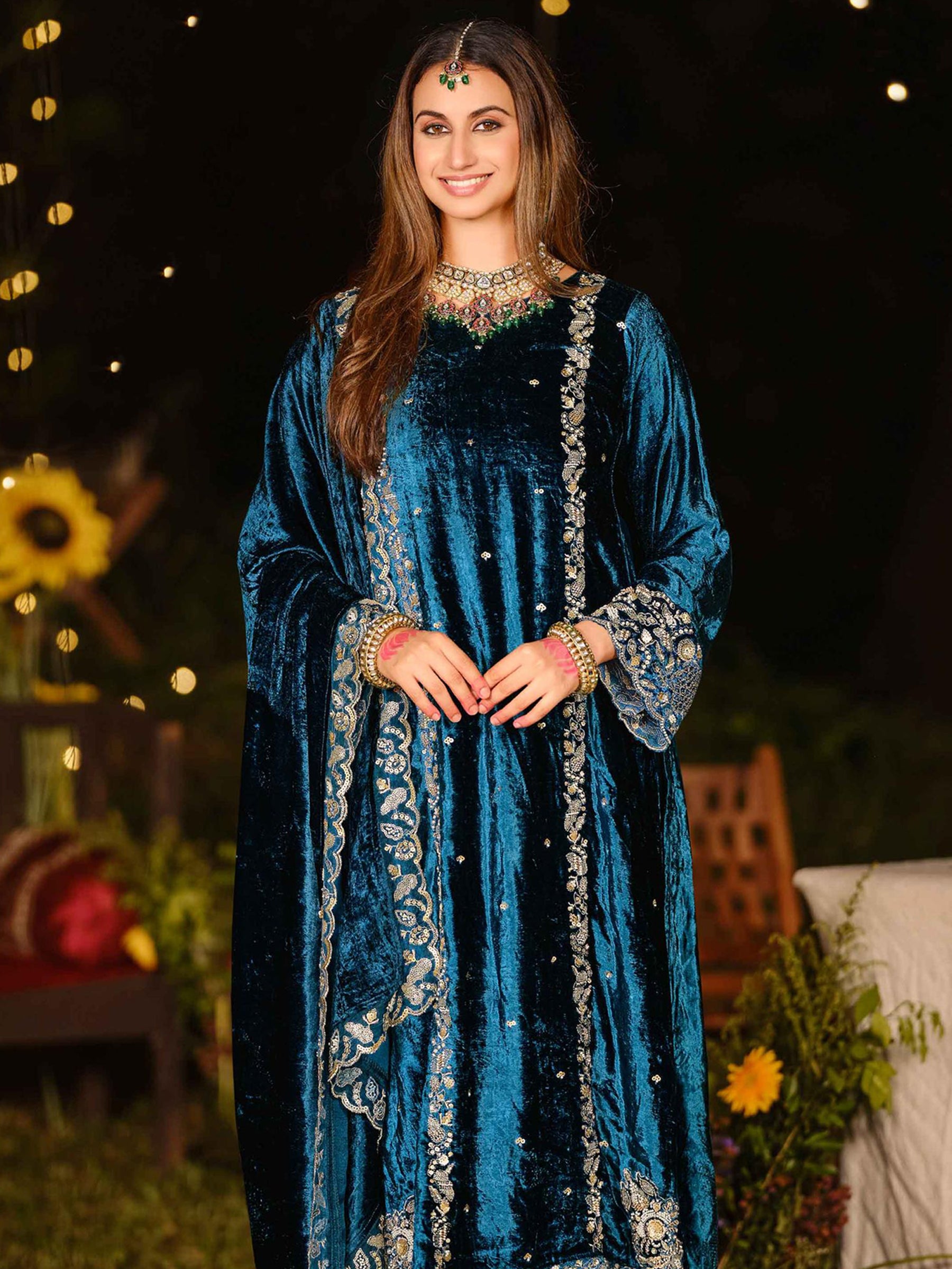 Royal Navy Blue Velvet Jardoshi Embroidered Dress Material | Elegant Handwork with Beads & Sequin