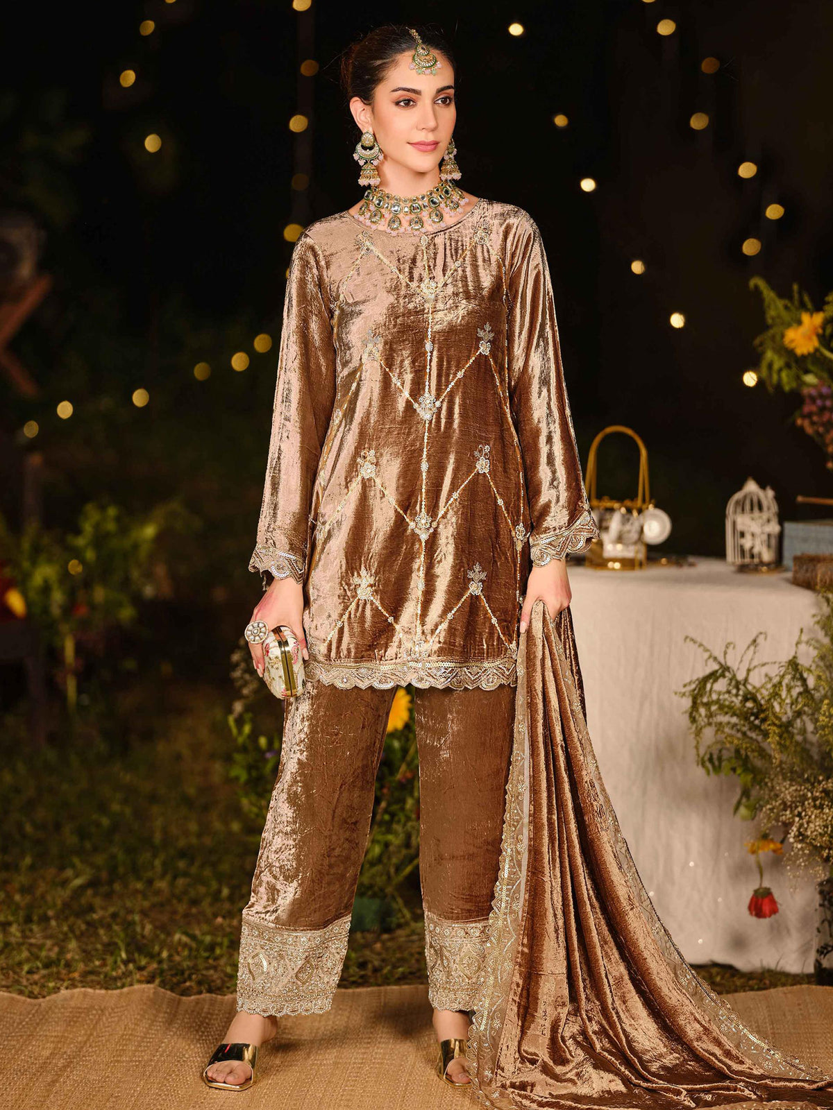 Earthy Brown Velvet Jardoshi Embroidered Dress Material | Elegant Handwork with Beads & Sequin