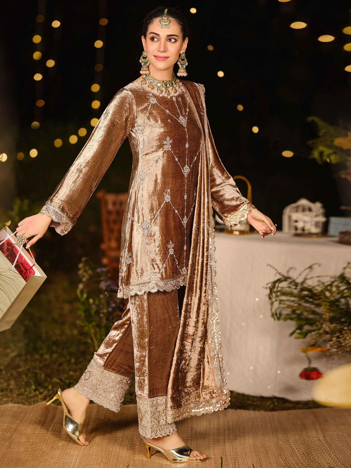 Earthy Brown Velvet Jardoshi Embroidered Dress Material | Elegant Handwork with Beads & Sequin