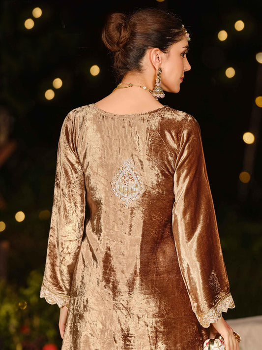 Earthy Brown Velvet Jardoshi Embroidered Dress Material | Elegant Handwork with Beads & Sequin