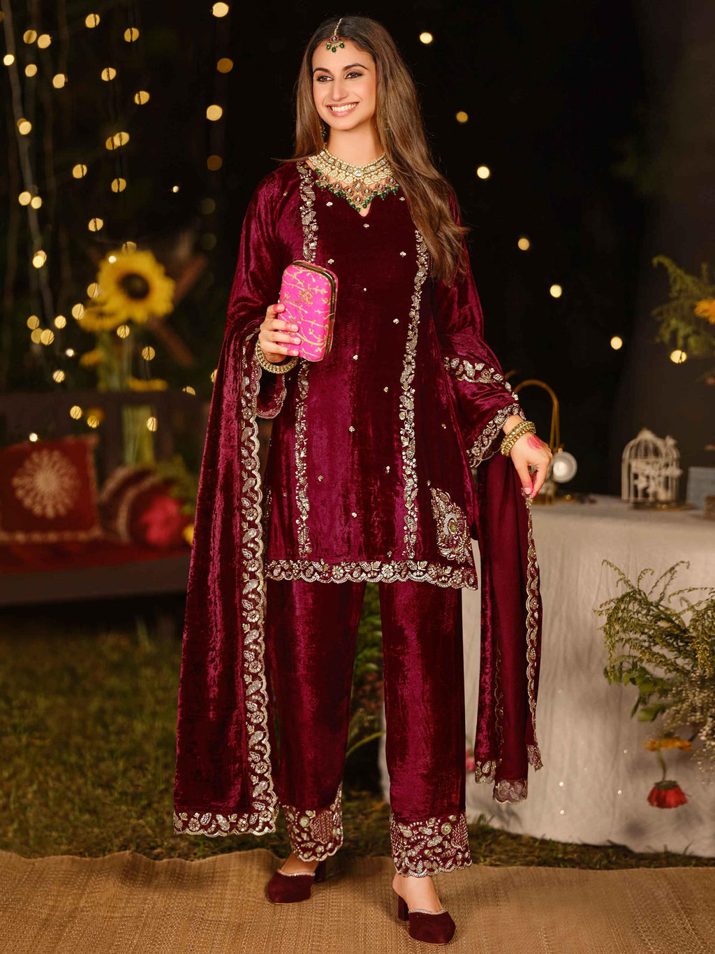 Regal Maroon Velvet Jardoshi Embroidered Dress Material | Elegant Handwork with Beads & Sequin