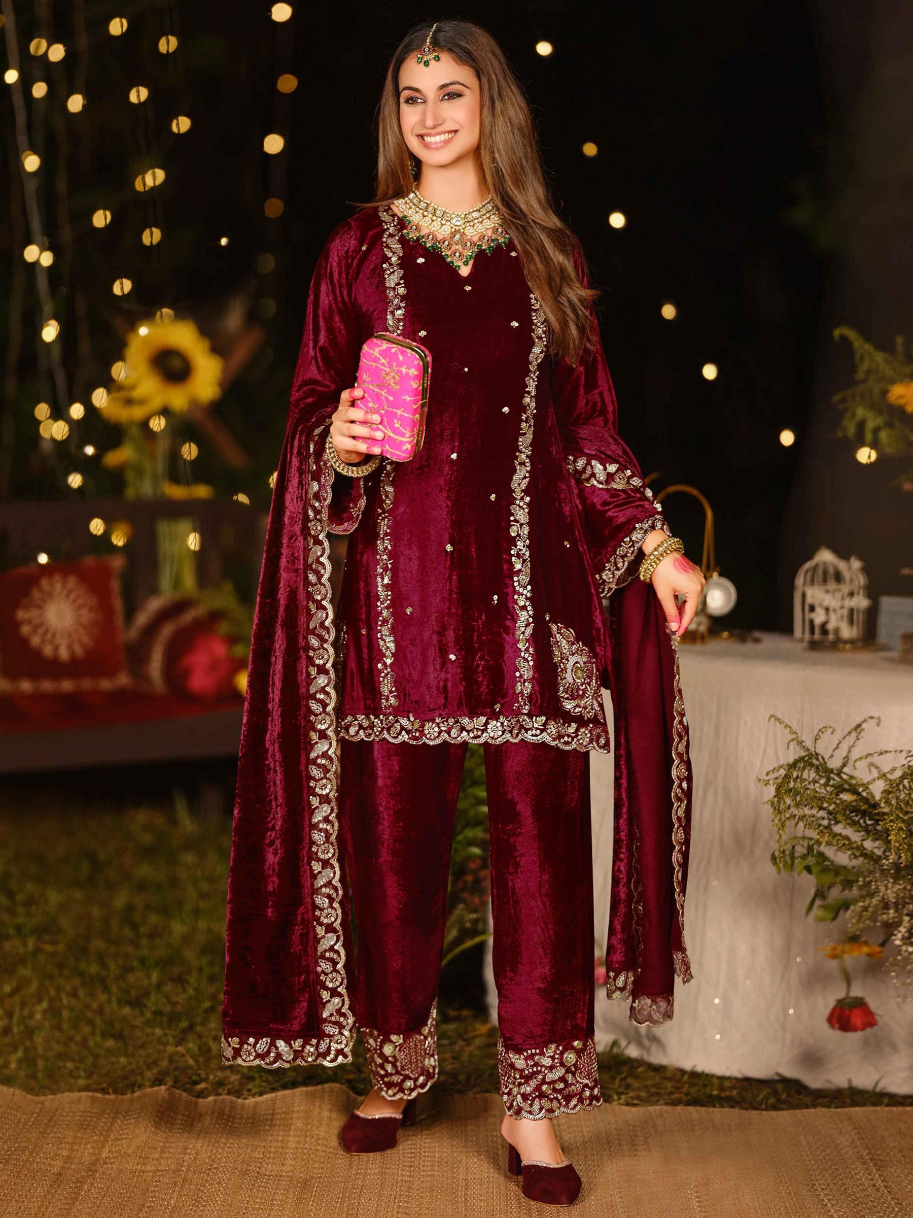 Regal Maroon Velvet Jardoshi Embroidered Dress Material | Elegant Handwork with Beads & Sequin