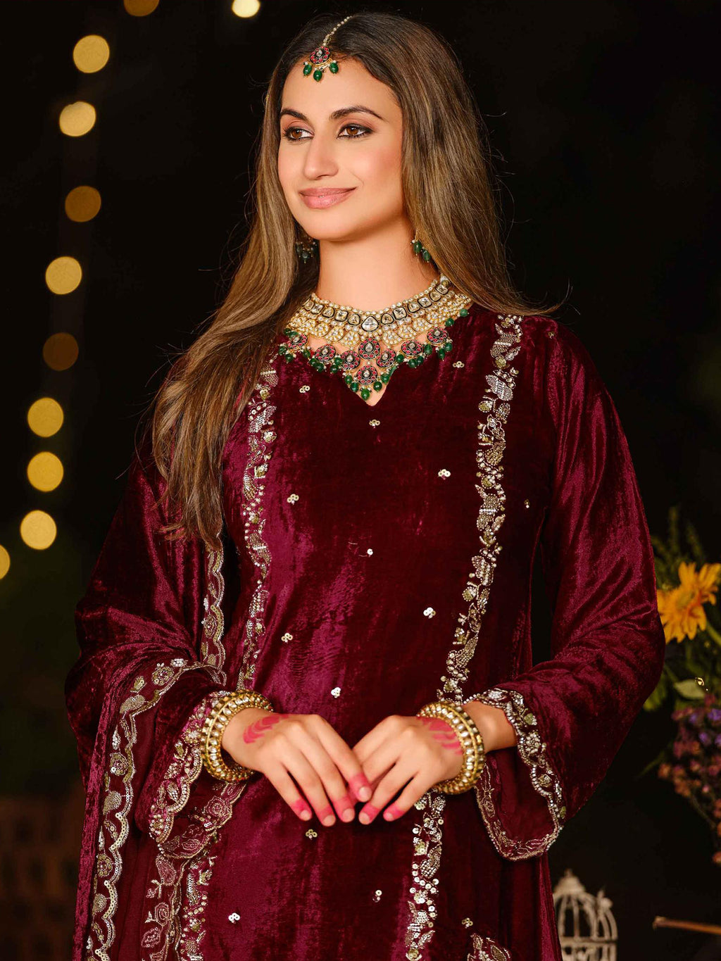 Regal Maroon Velvet Jardoshi Embroidered Dress Material | Elegant Handwork with Beads & Sequin
