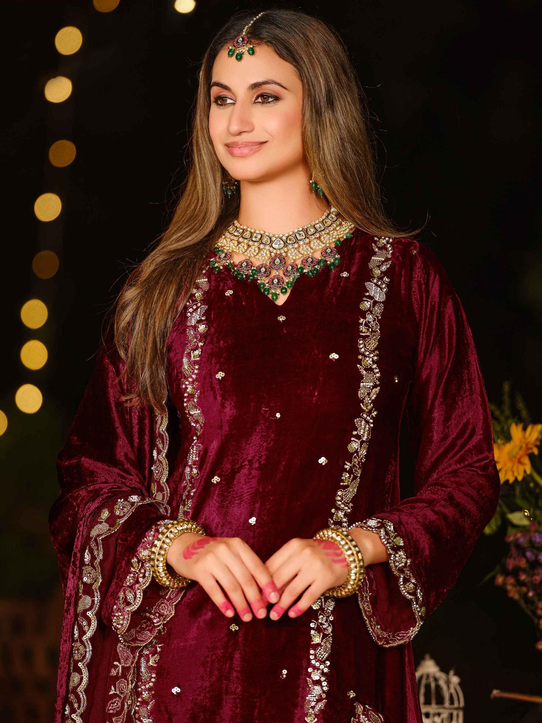 Regal Maroon Velvet Jardoshi Embroidered Dress Material | Elegant Handwork with Beads & Sequin
