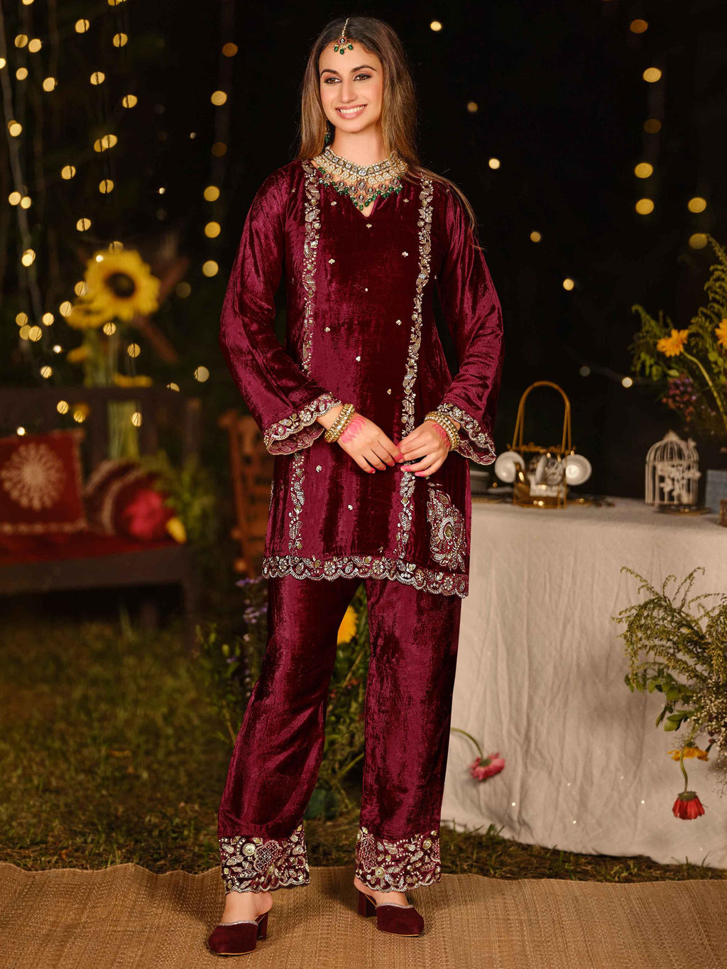 Regal Maroon Velvet Jardoshi Embroidered Dress Material | Elegant Handwork with Beads & Sequin