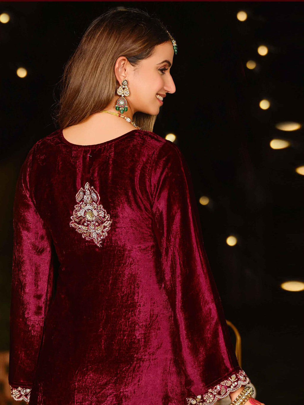 Regal Maroon Velvet Jardoshi Embroidered Dress Material | Elegant Handwork with Beads & Sequin