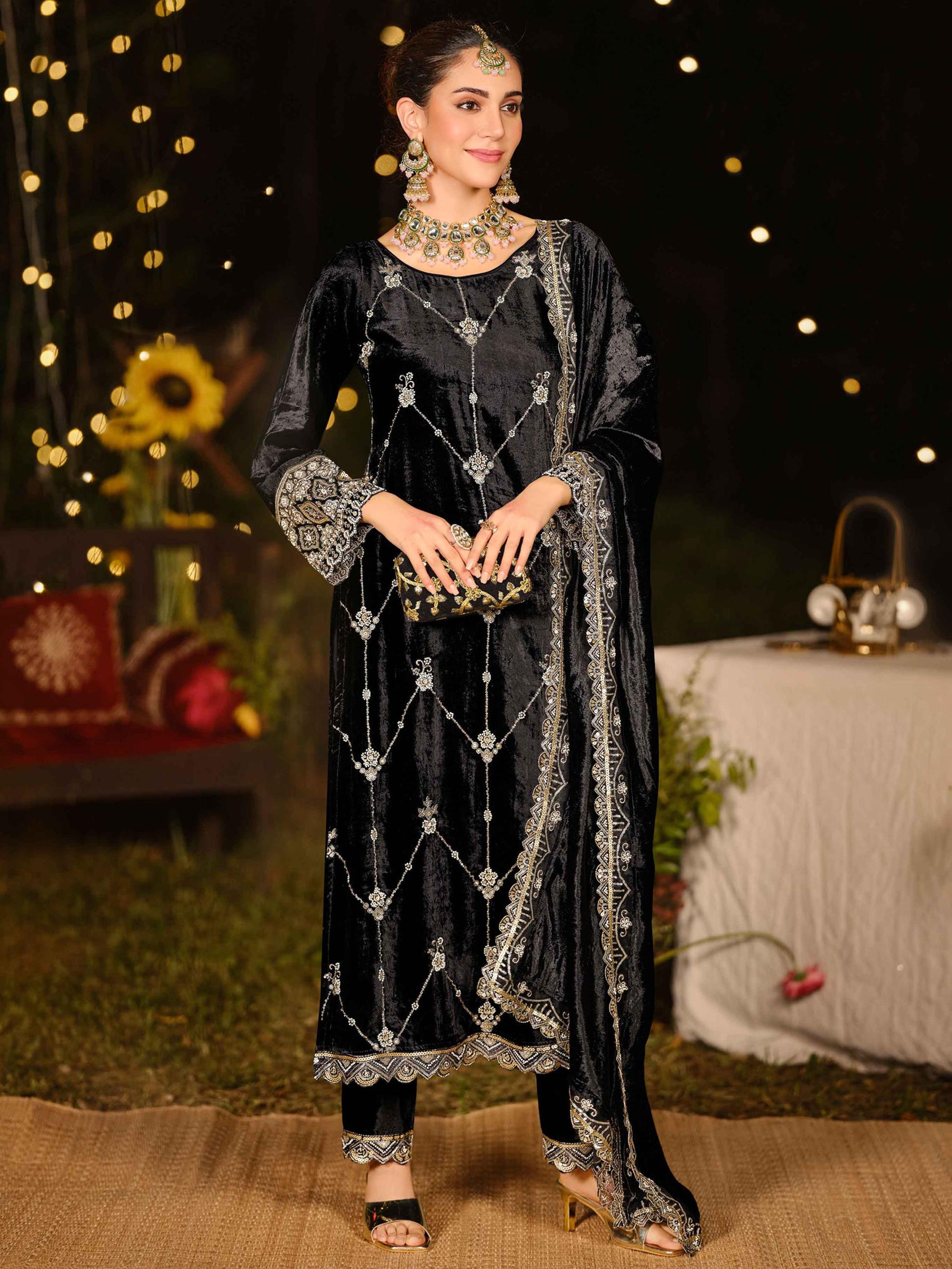 Midnight Black Velvet Jardoshi Embroidered Dress Material | Elegant Handwork with Beads & Sequin