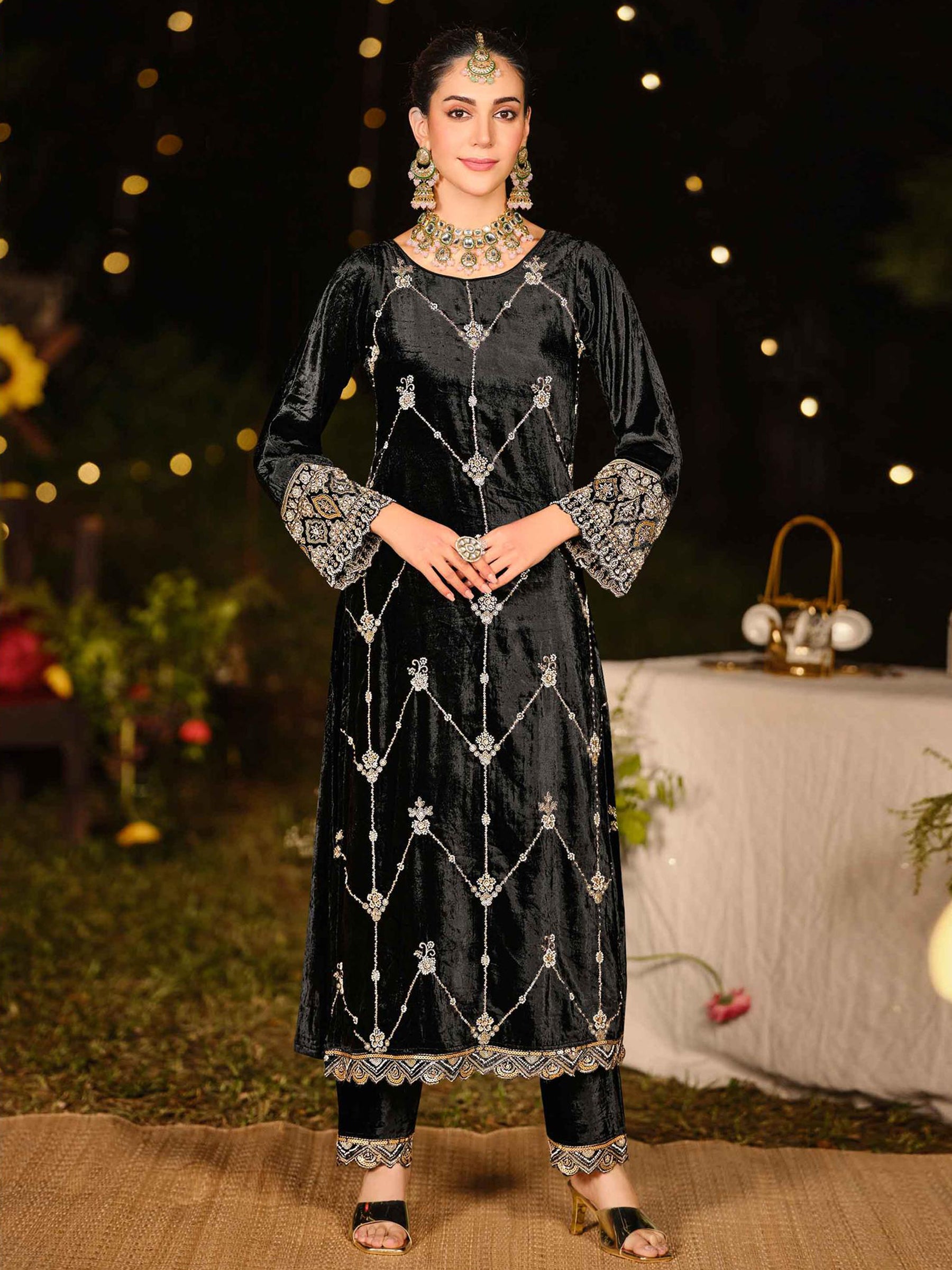Midnight Black Velvet Jardoshi Embroidered Dress Material | Elegant Handwork with Beads & Sequin
