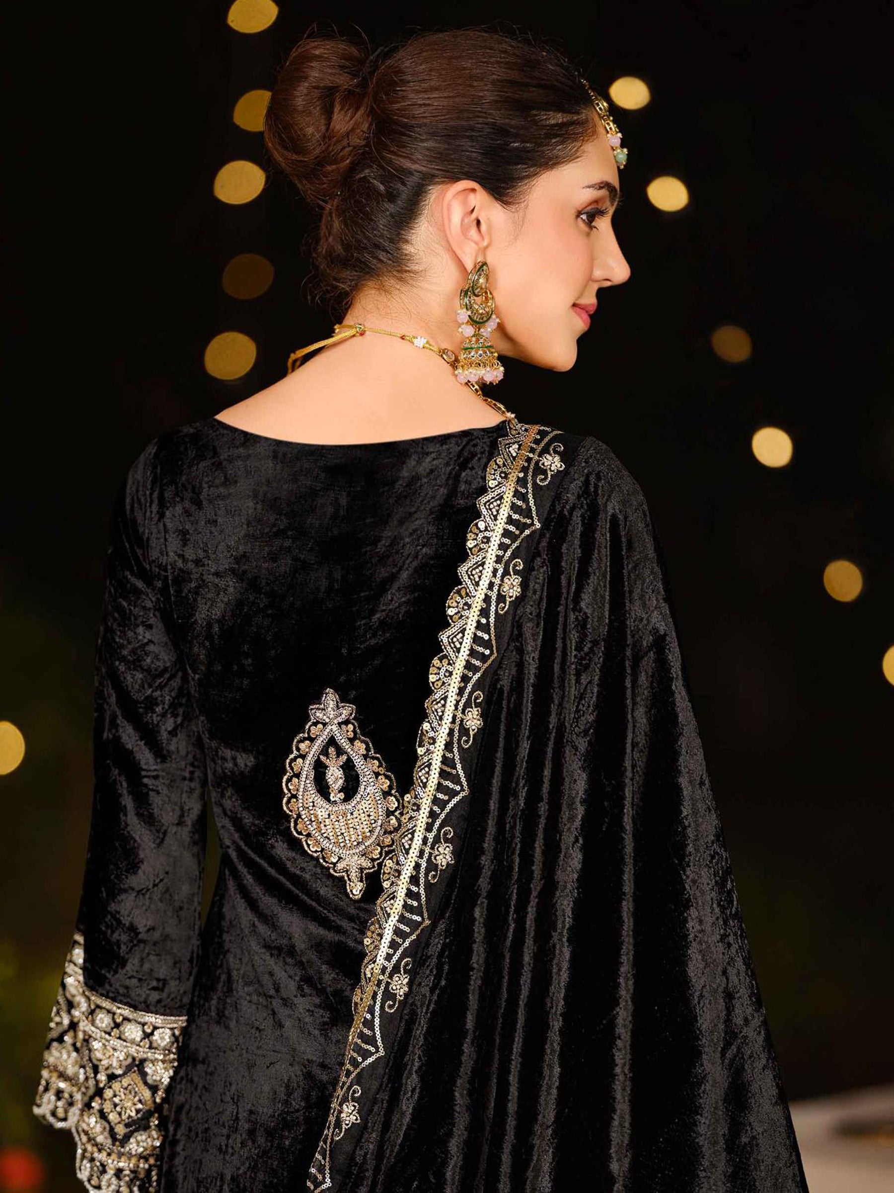 Midnight Black Velvet Jardoshi Embroidered Dress Material | Elegant Handwork with Beads & Sequin