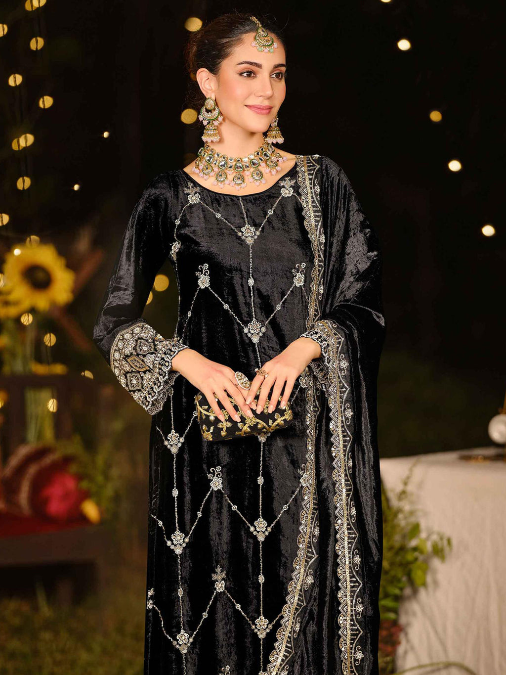 Midnight Black Velvet Jardoshi Embroidered Dress Material | Elegant Handwork with Beads & Sequin