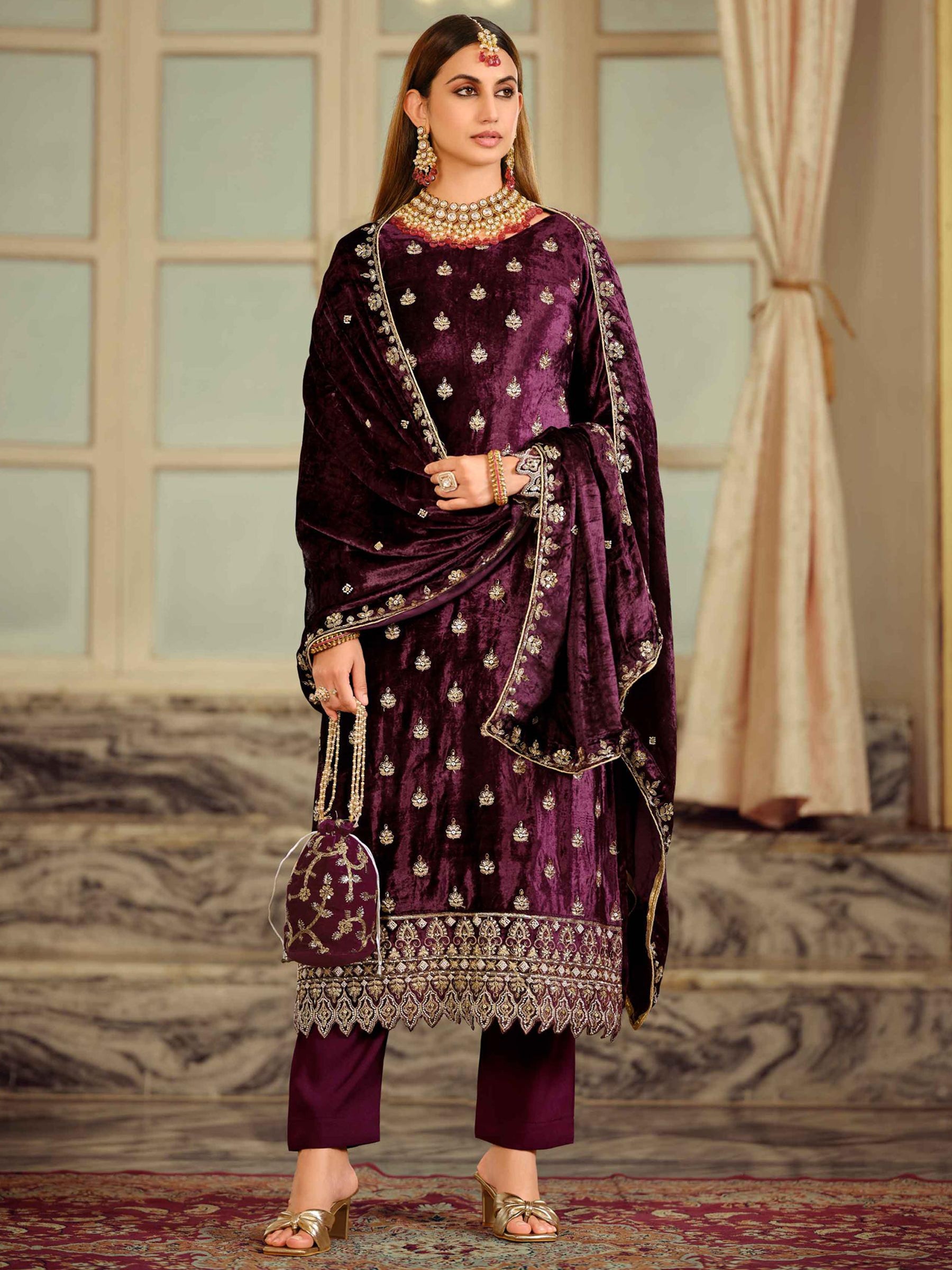 Burgundy Velvet Jardoshi Embroidered Dress Material | Beaded & Sequin Couture