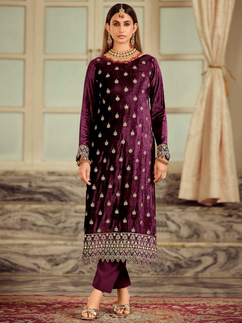Burgundy Velvet Jardoshi Embroidered Dress Material | Beaded & Sequin Couture