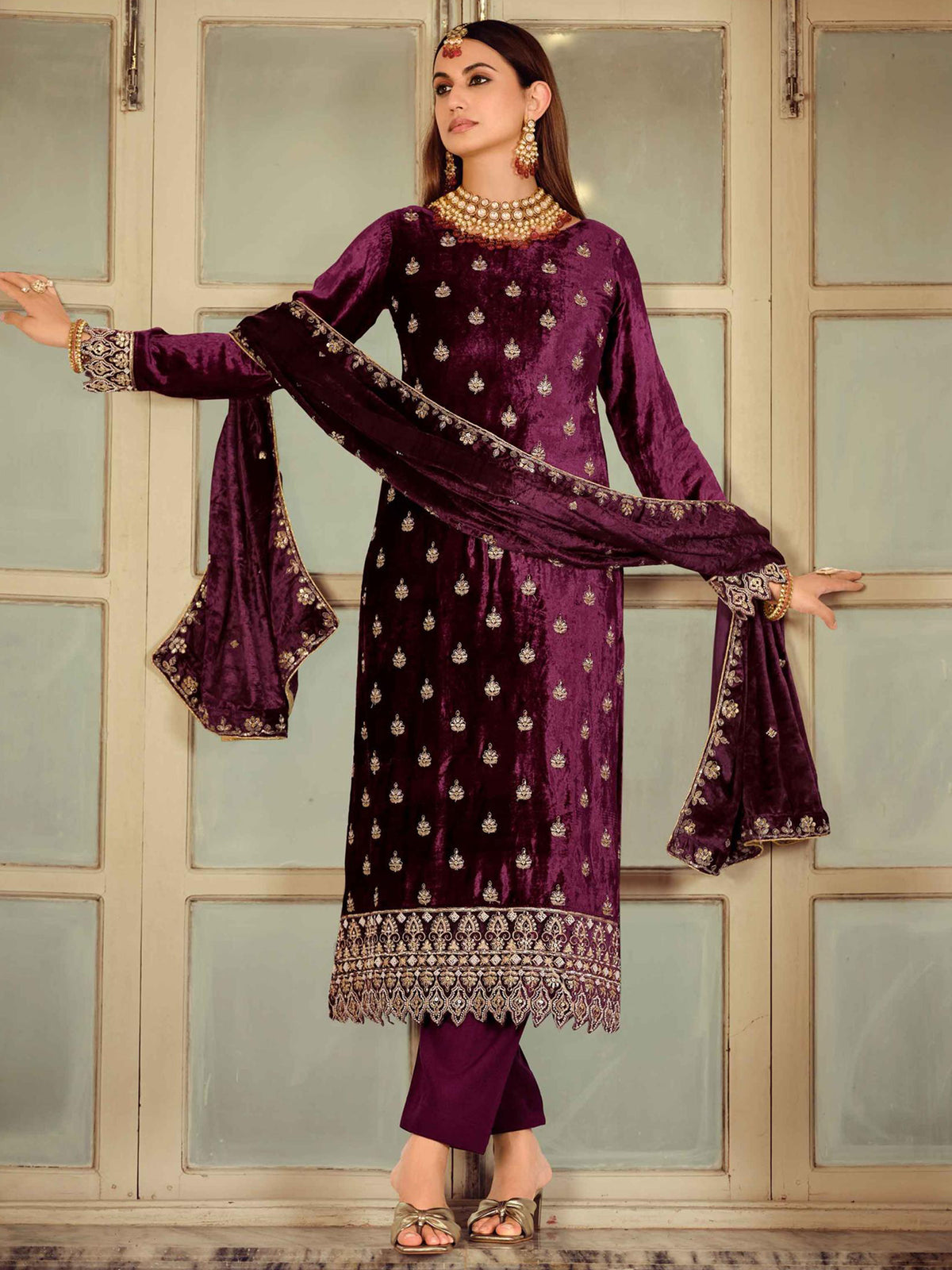 Burgundy Velvet Jardoshi Embroidered Dress Material | Beaded & Sequin Couture