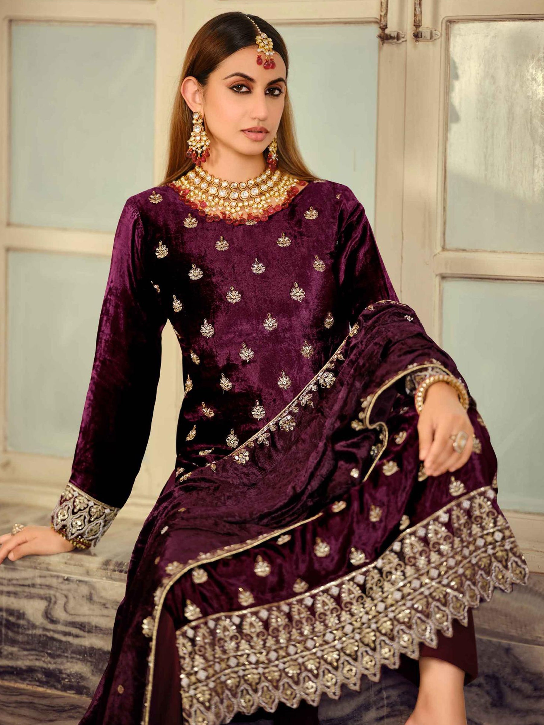 Burgundy Velvet Jardoshi Embroidered Dress Material | Beaded & Sequin Couture