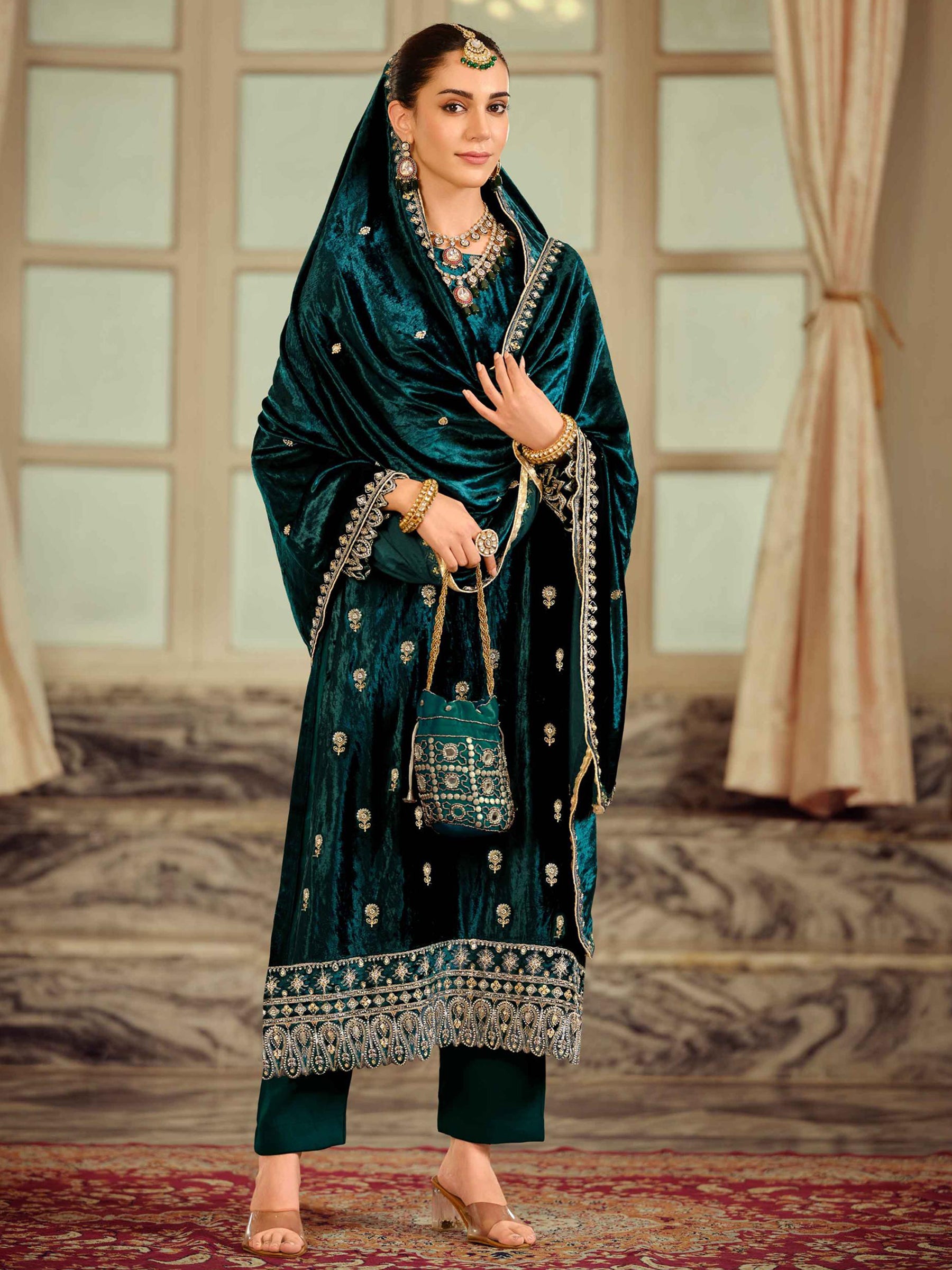 Teal Velvet Jardoshi Embroidered Dress Material | Beaded & Sequin Couture