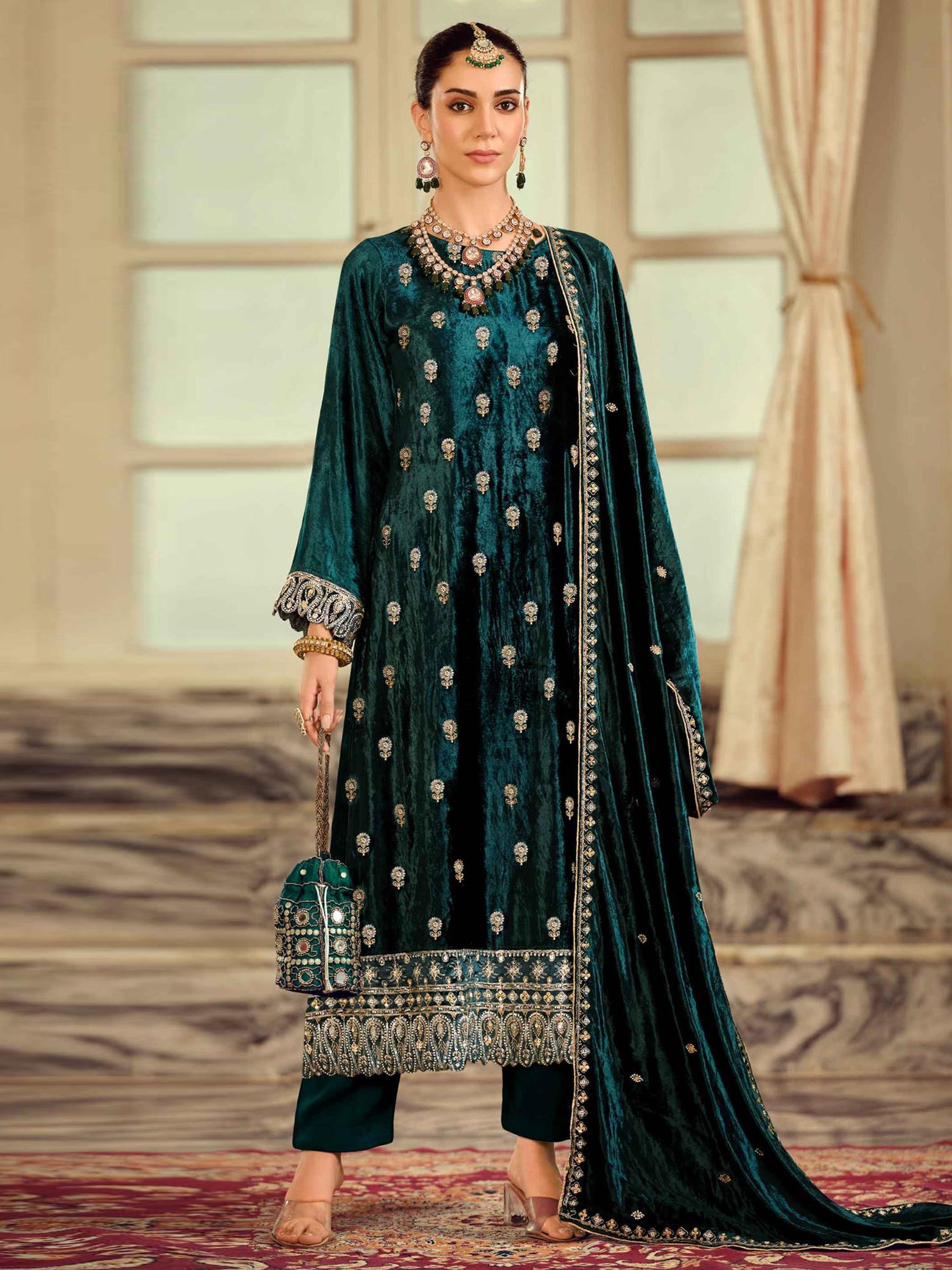 Teal Velvet Jardoshi Embroidered Dress Material | Beaded & Sequin Couture