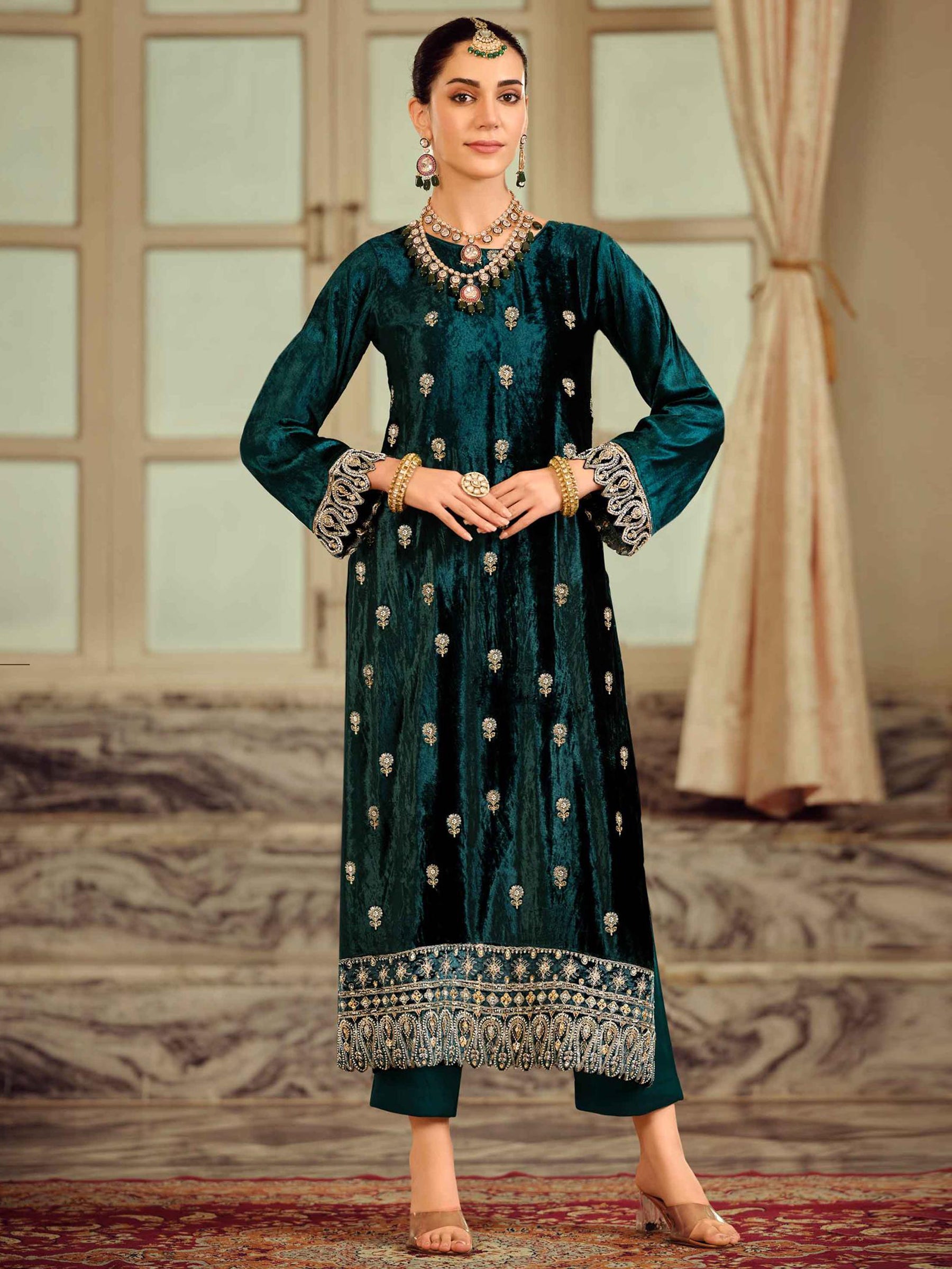 Teal Velvet Jardoshi Embroidered Dress Material | Beaded & Sequin Couture