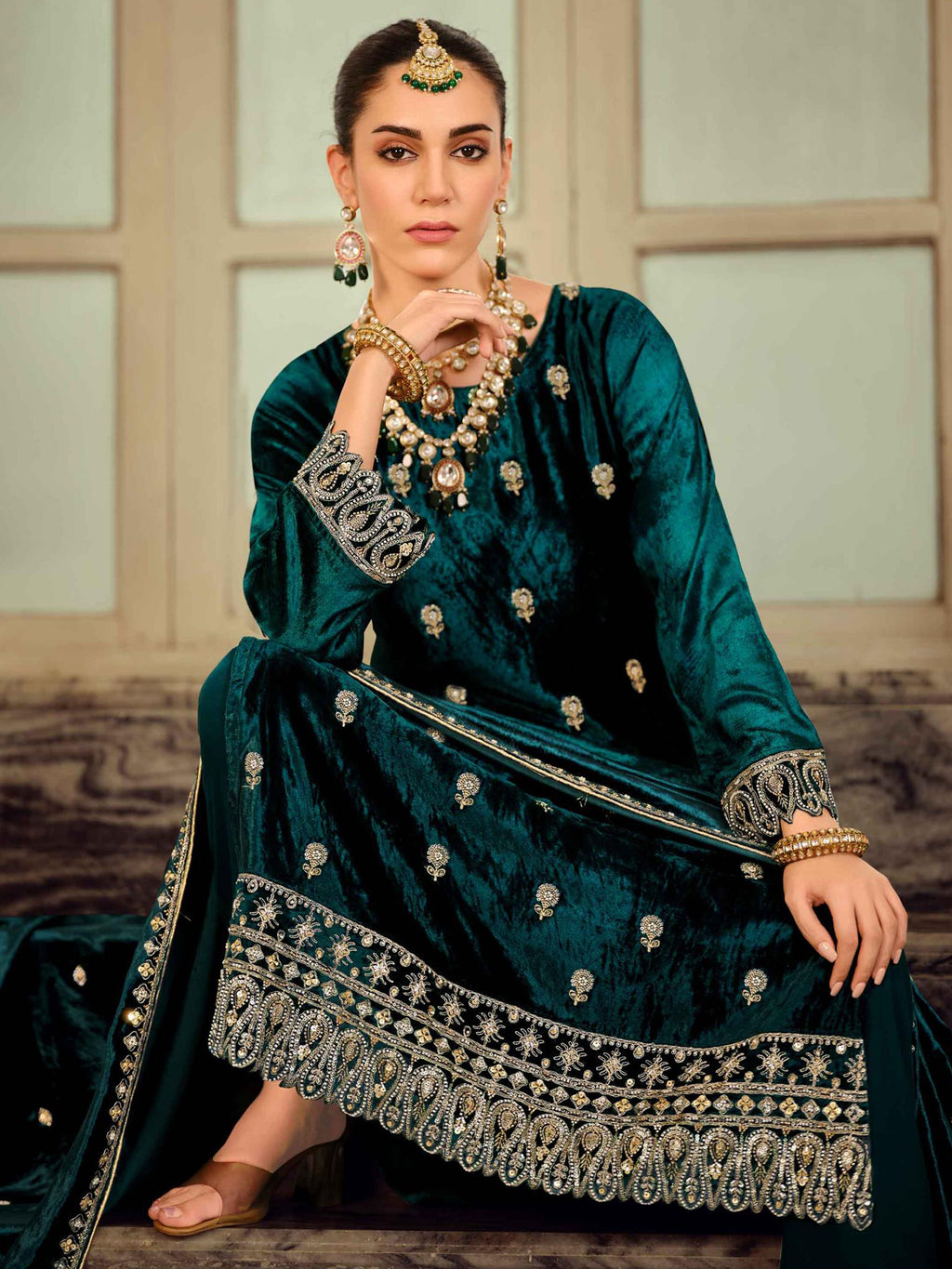 Teal Velvet Jardoshi Embroidered Dress Material | Beaded & Sequin Couture