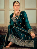 Teal Velvet Jardoshi Embroidered Dress Material | Beaded & Sequin Couture