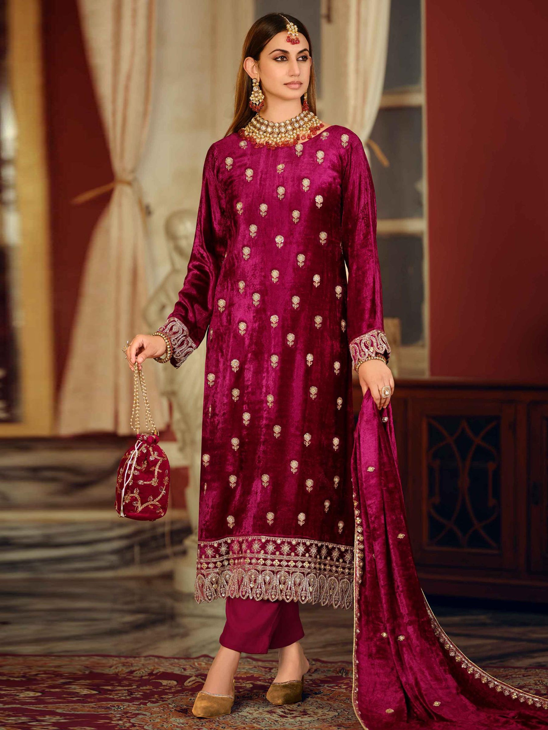 Magenta Velvet Jardoshi Embroidered Dress Material | Beaded & Sequin Couture