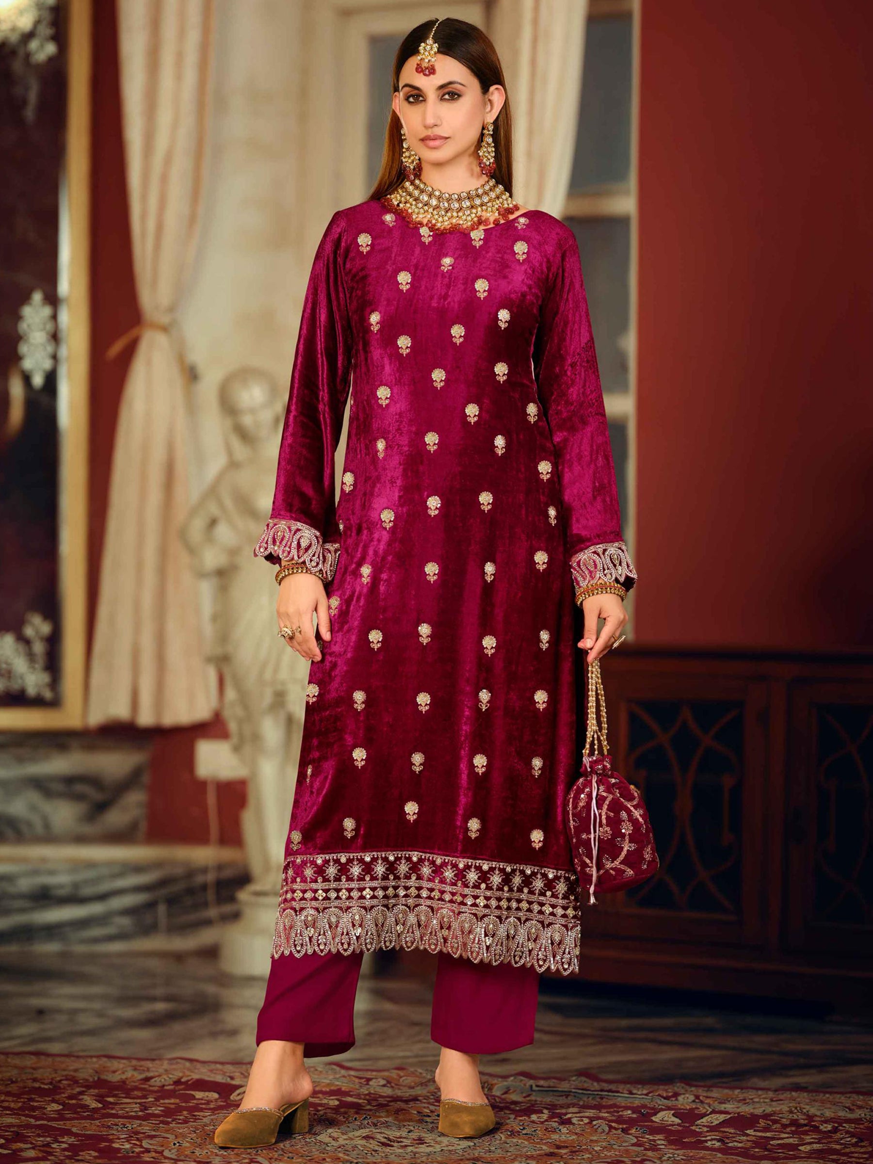Magenta Velvet Jardoshi Embroidered Dress Material | Beaded & Sequin Couture