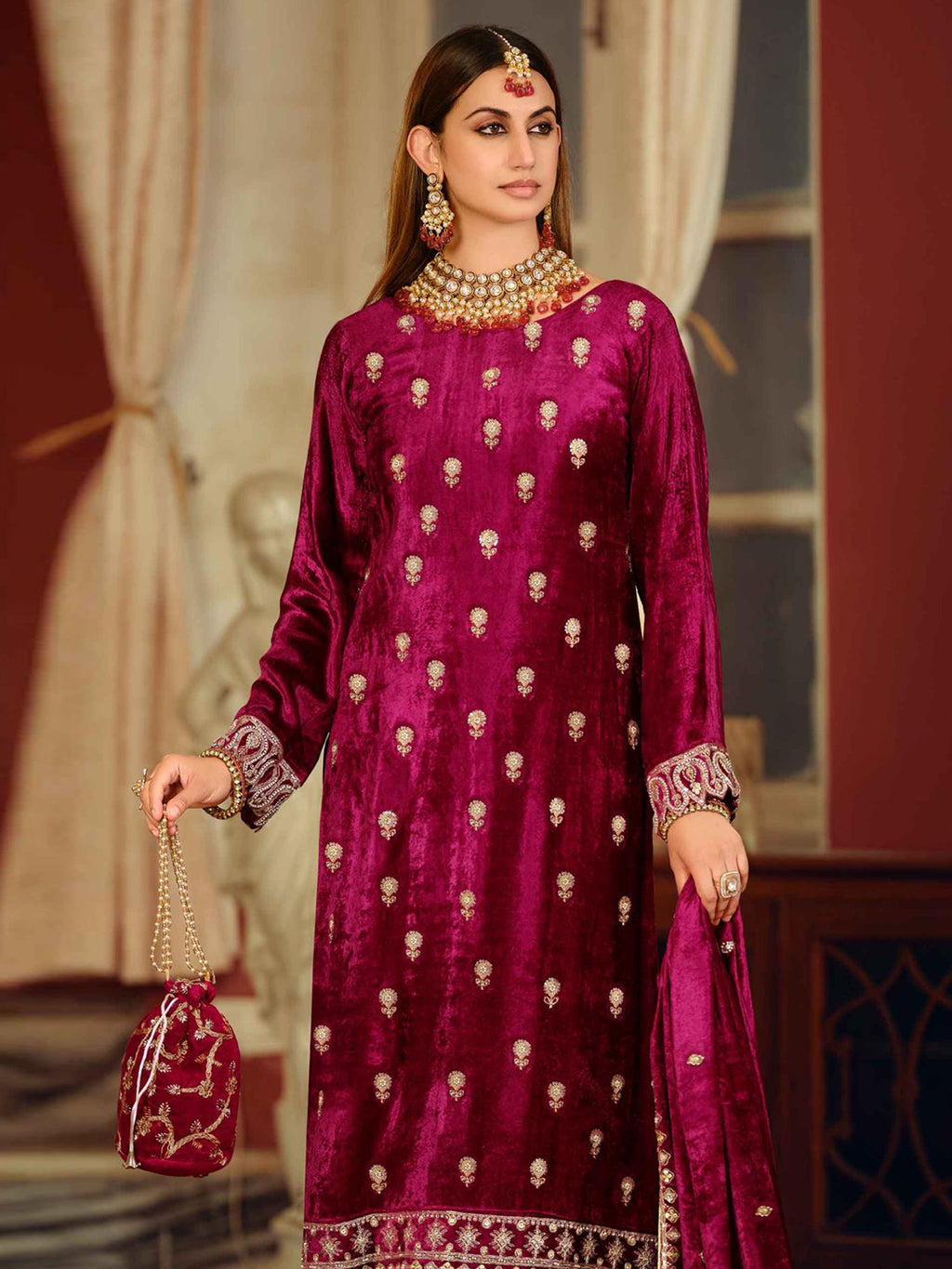 Magenta Velvet Jardoshi Embroidered Dress Material | Beaded & Sequin Couture