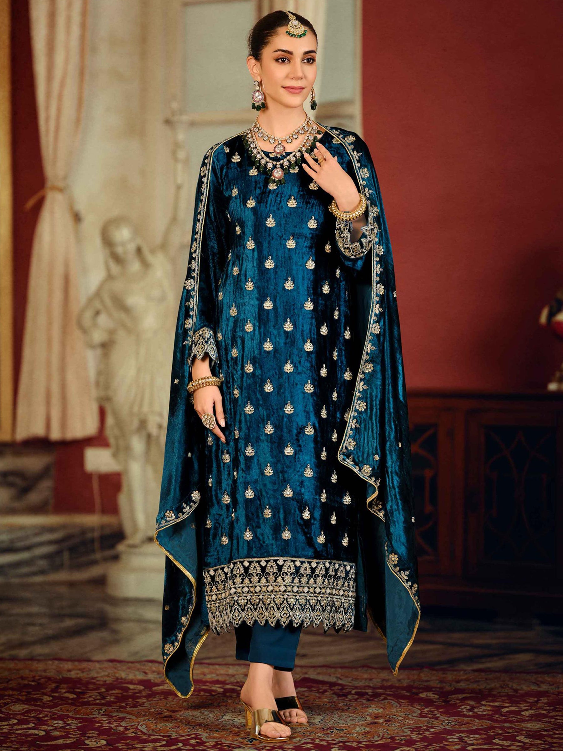 Navy Blue Velvet Jardoshi Embroidered Dress Material | Beaded & Sequin Couture
