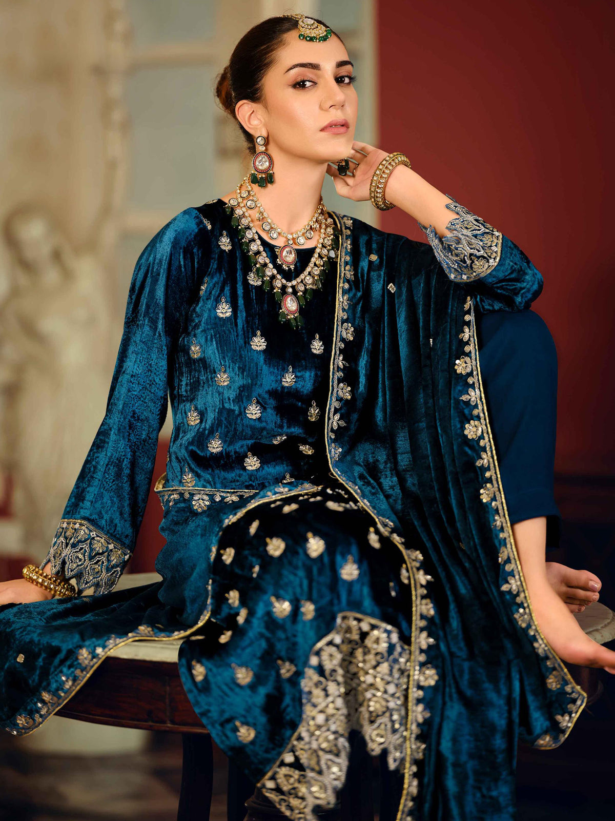 Navy Blue Velvet Jardoshi Embroidered Dress Material | Beaded & Sequin Couture