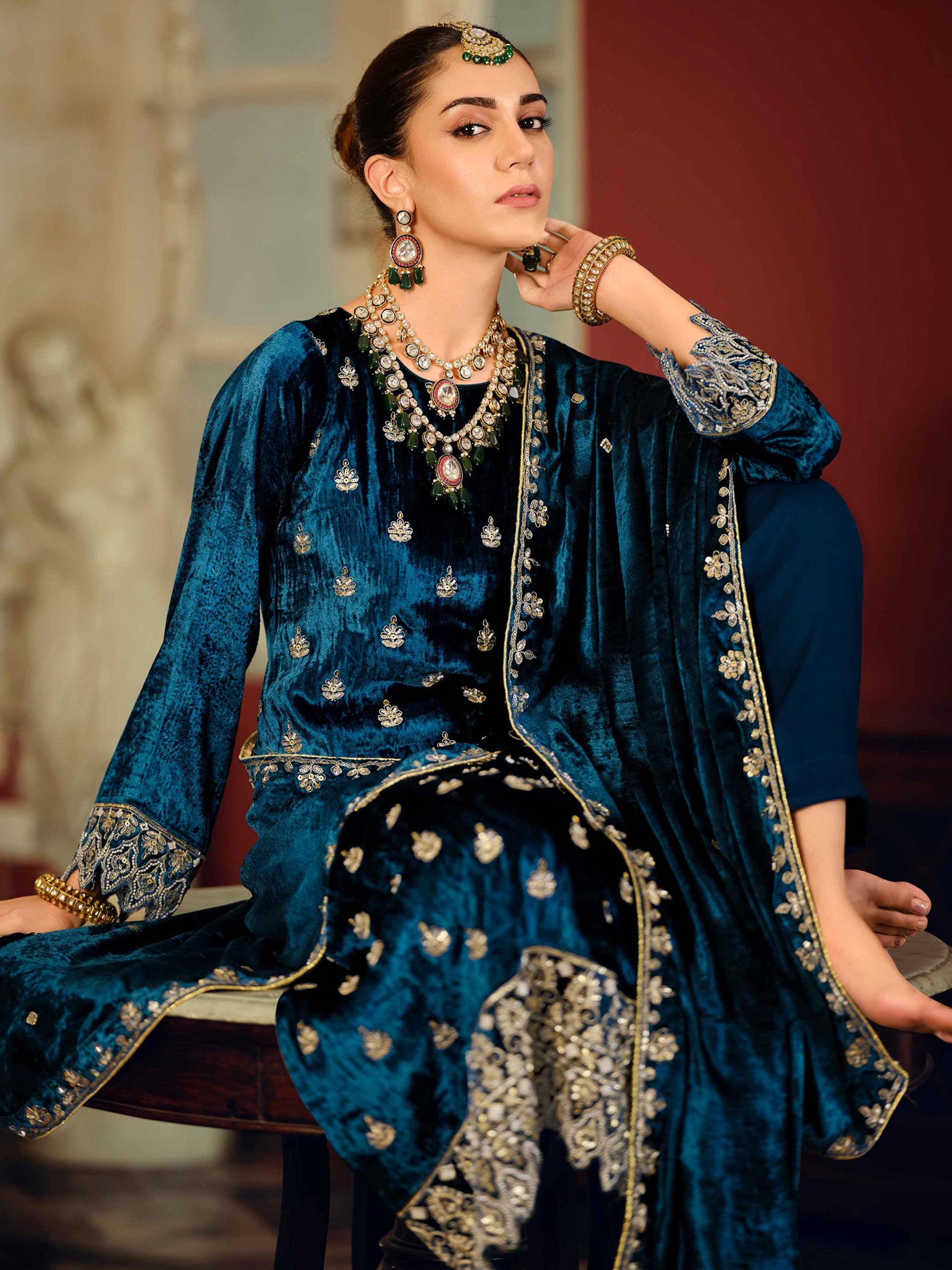 Navy Blue Velvet Jardoshi Embroidered Dress Material | Beaded & Sequin Couture