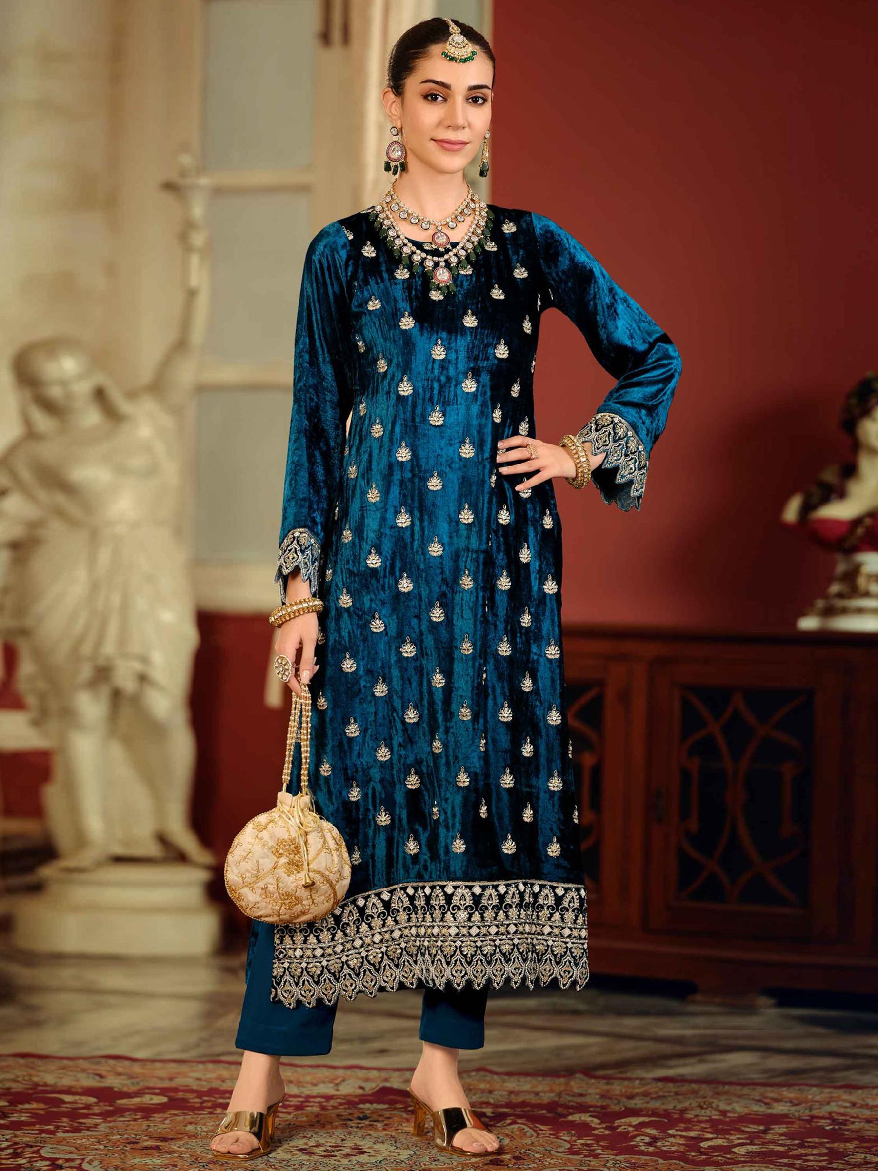 Navy Blue Velvet Jardoshi Embroidered Dress Material | Beaded & Sequin Couture