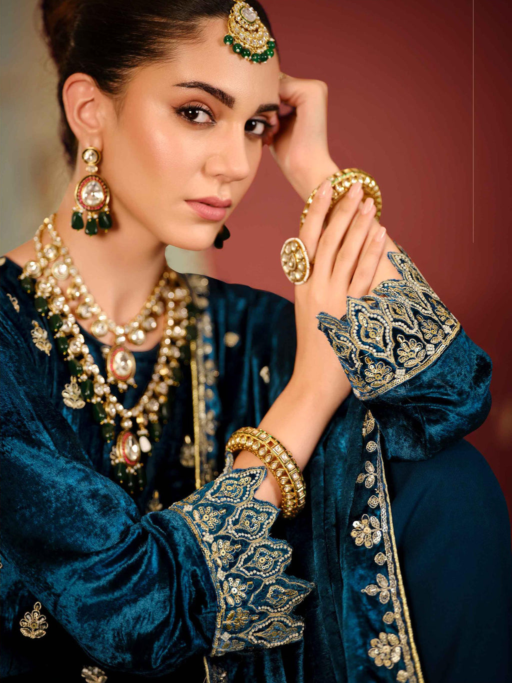 Navy Blue Velvet Jardoshi Embroidered Dress Material | Beaded & Sequin Couture