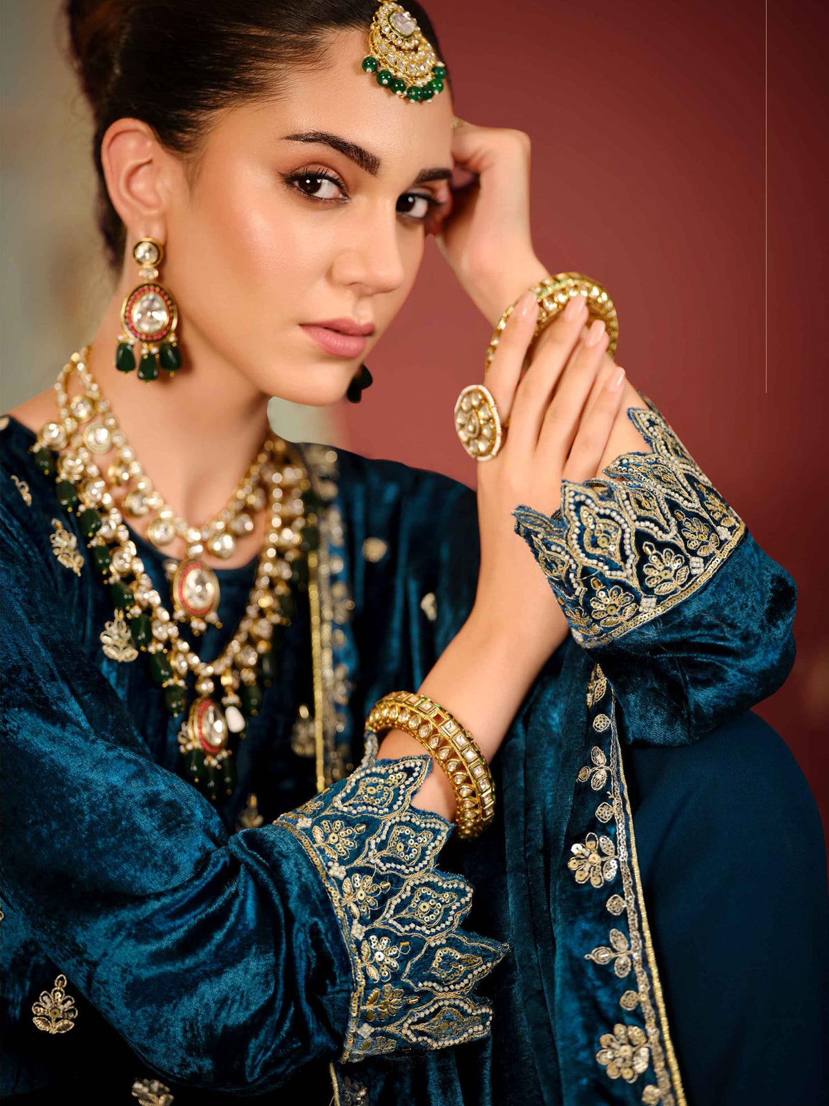 Navy Blue Velvet Jardoshi Embroidered Dress Material | Beaded & Sequin Couture