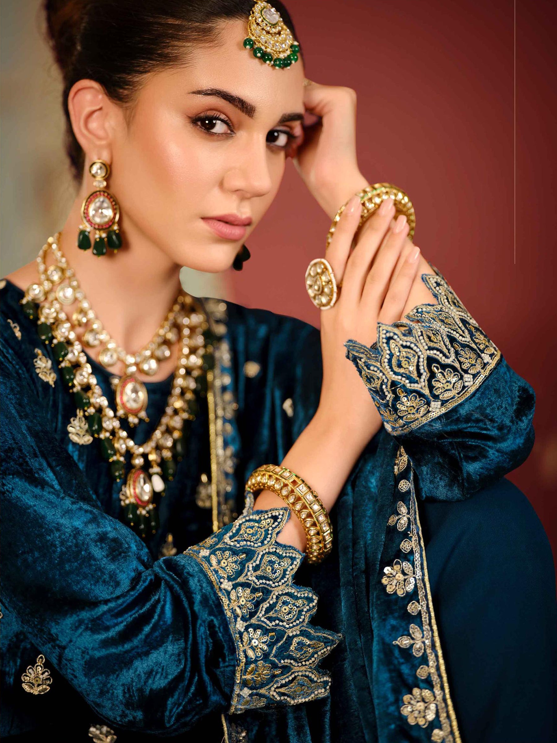 Navy Blue Velvet Jardoshi Embroidered Dress Material | Beaded & Sequin Couture