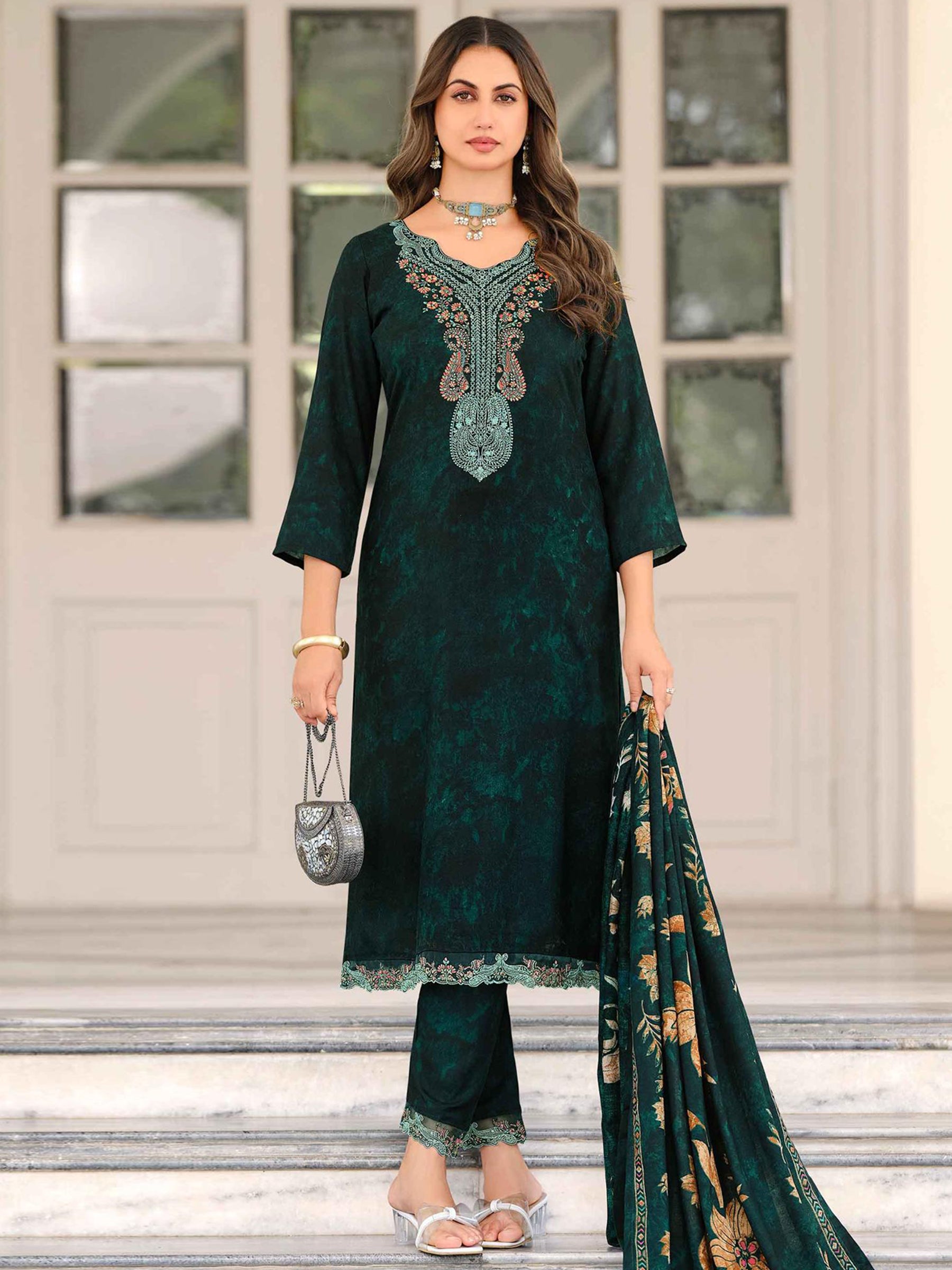 Teal Pashmina Embroidered Dress Material | Elegant Kashmiri Work with Digital Printed Dupatta
