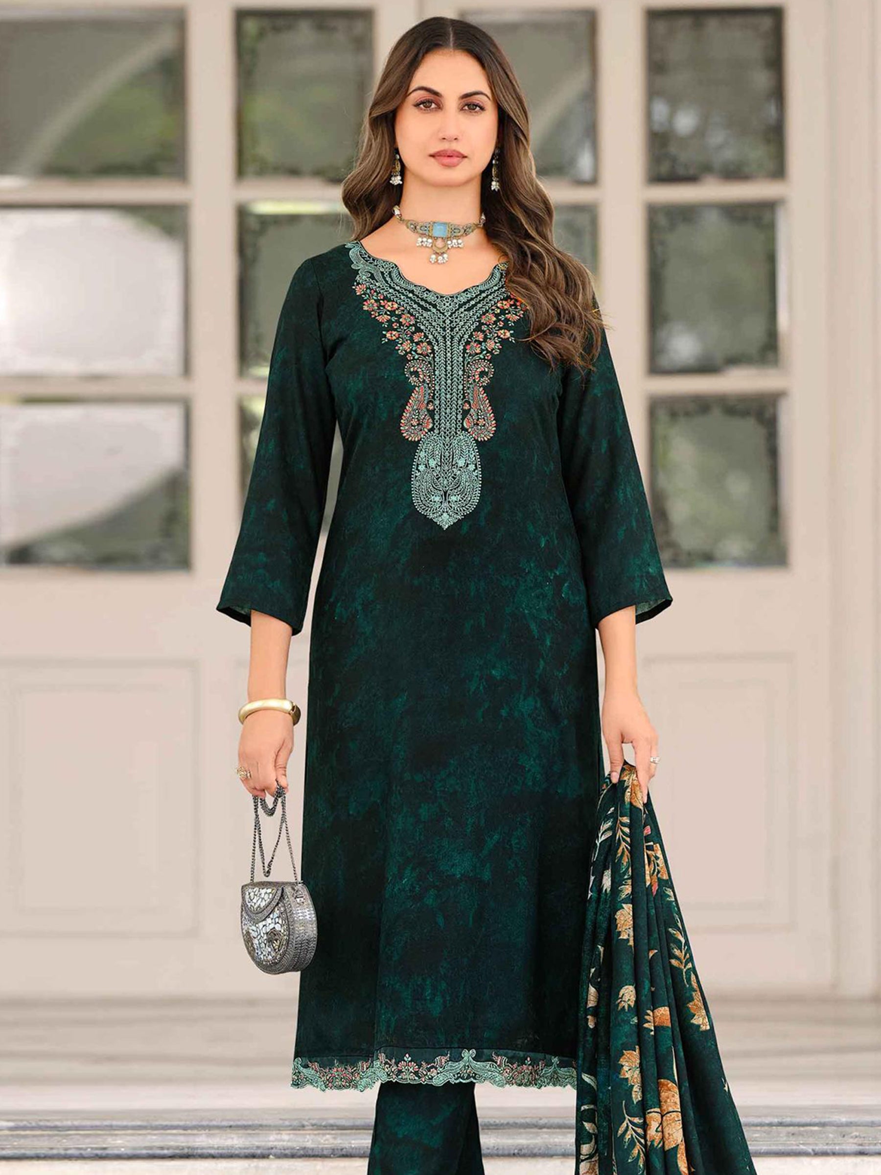 Teal Pashmina Embroidered Dress Material | Elegant Kashmiri Work with Digital Printed Dupatta