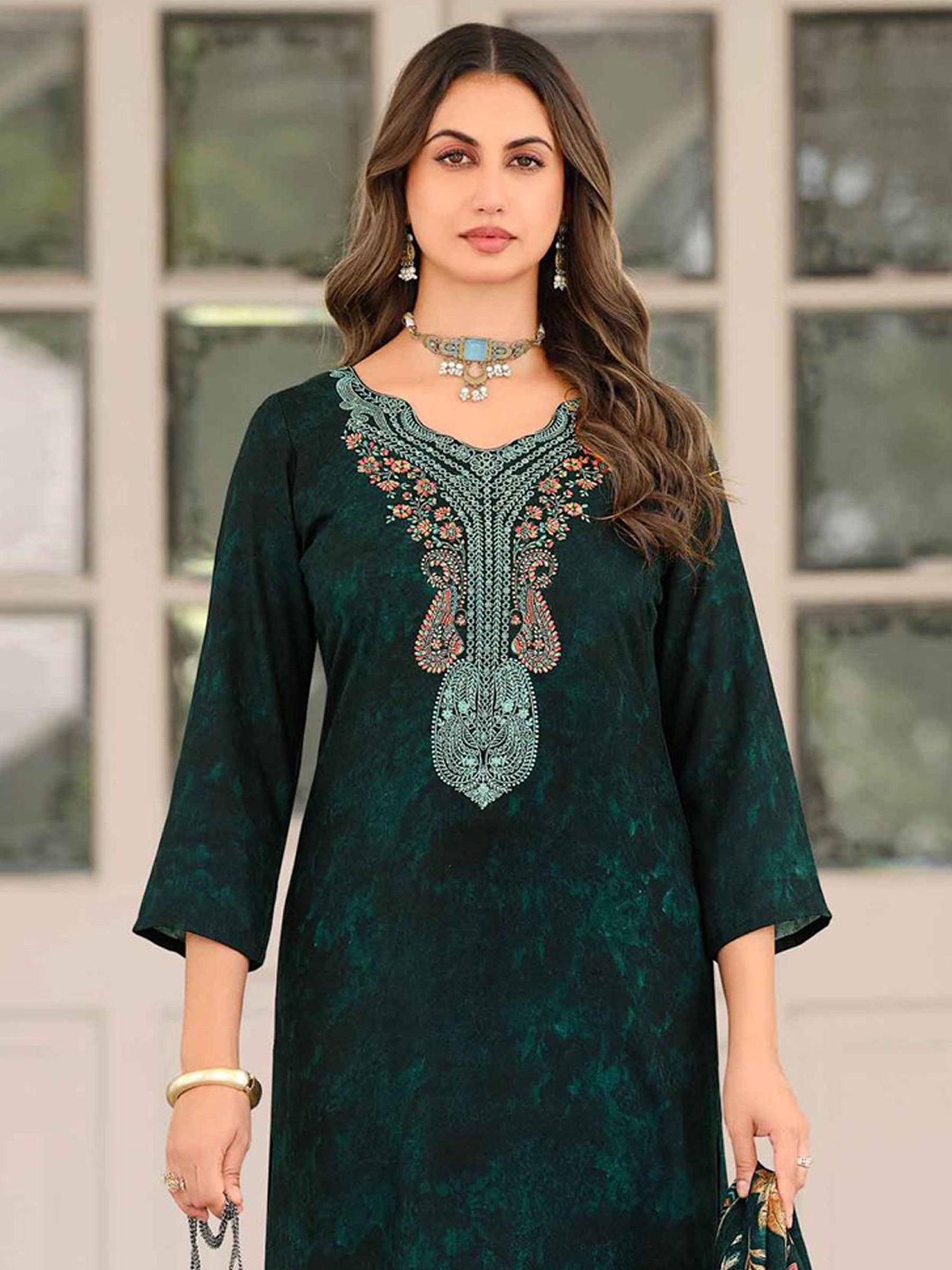 Teal Pashmina Embroidered Dress Material | Elegant Kashmiri Work with Digital Printed Dupatta