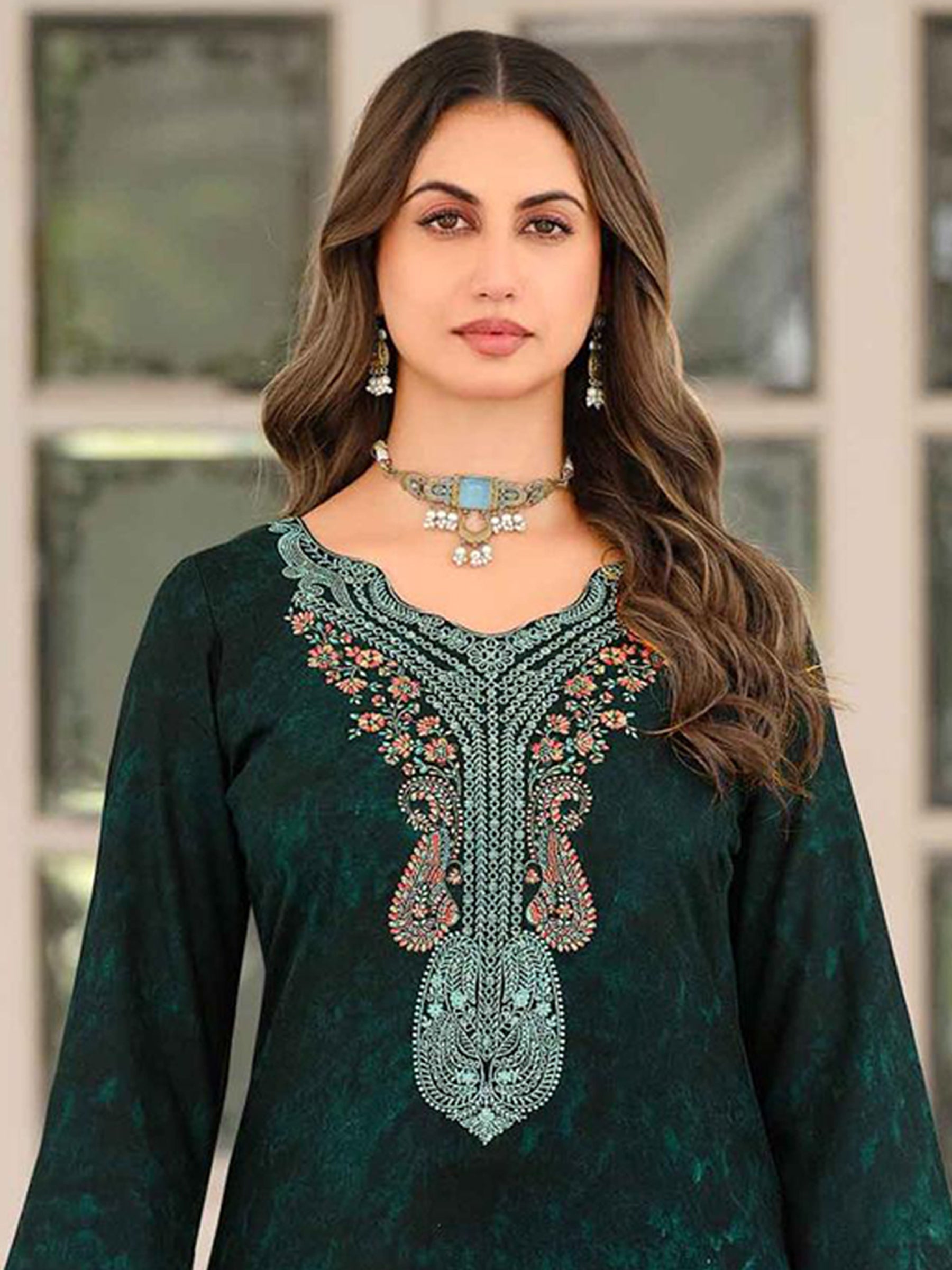 Teal Pashmina Embroidered Dress Material | Elegant Kashmiri Work with Digital Printed Dupatta