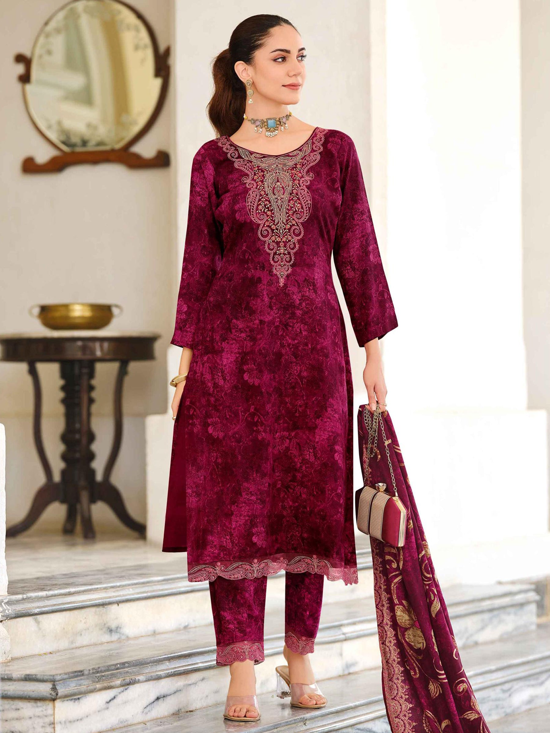 Magenta Pashmina Embroidered Dress Material | Elegant Kashmiri Work with Digital Printed Dupatta