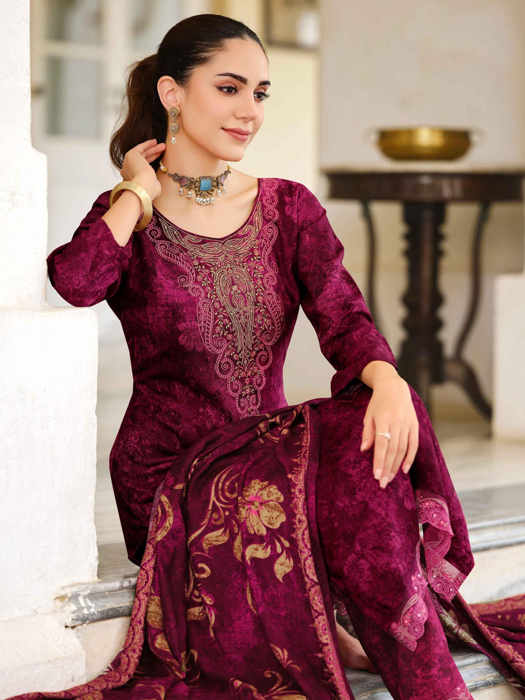 Magenta Pashmina Embroidered Dress Material | Elegant Kashmiri Work with Digital Printed Dupatta