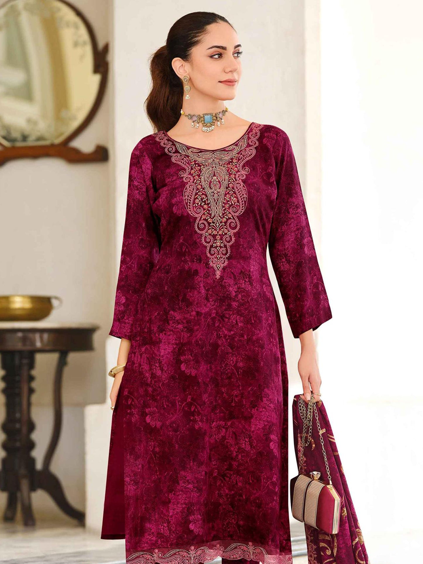 Magenta Pashmina Embroidered Dress Material | Elegant Kashmiri Work with Digital Printed Dupatta| Unstitched Fabric