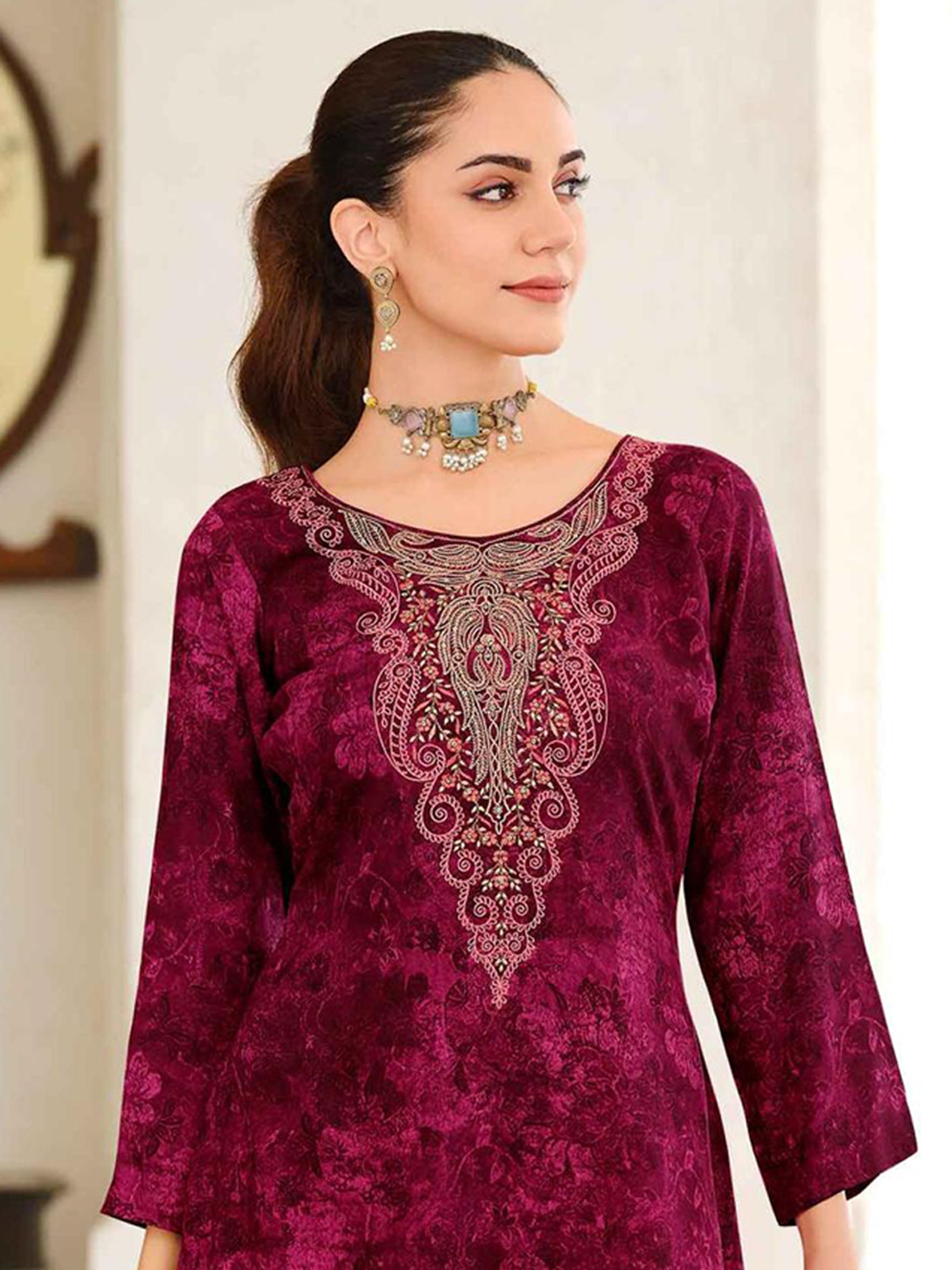 Magenta Pashmina Embroidered Dress Material | Elegant Kashmiri Work with Digital Printed Dupatta