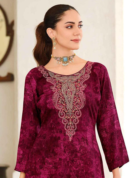 Magenta Pashmina Embroidered Dress Material | Elegant Kashmiri Work with Digital Printed Dupatta| Unstitched Fabric