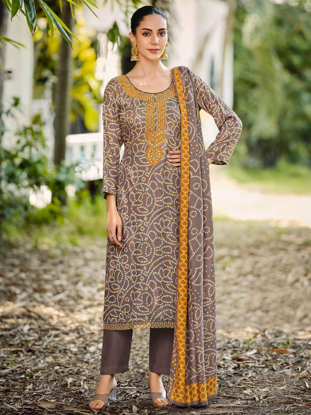 Royal Brown Pashmina Digital Printed Dress Material | Bandhani Print & Embroidered Neckline
