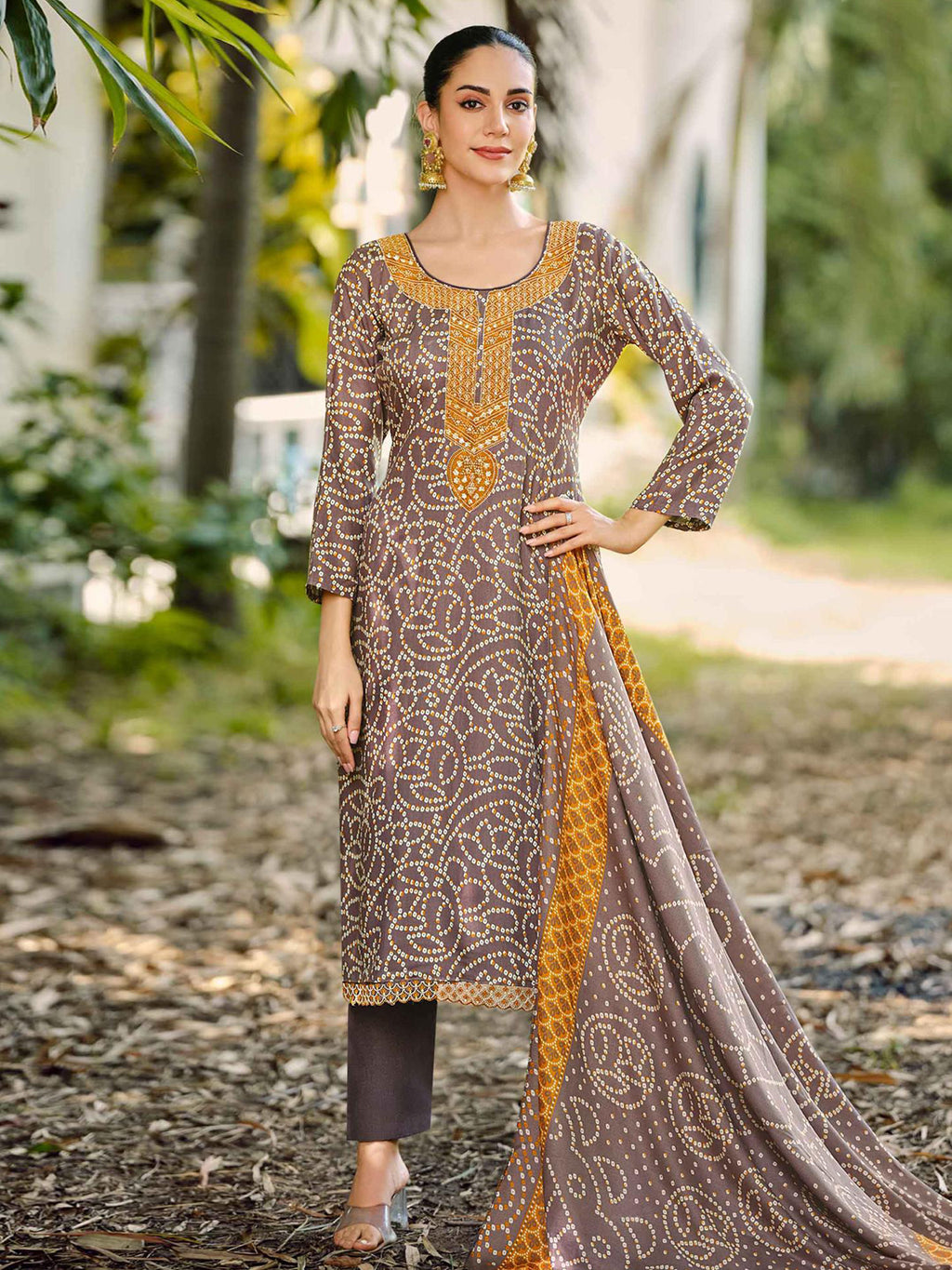 Royal Brown Pashmina Digital Printed Dress Material | Bandhani Print & Embroidered Neckline