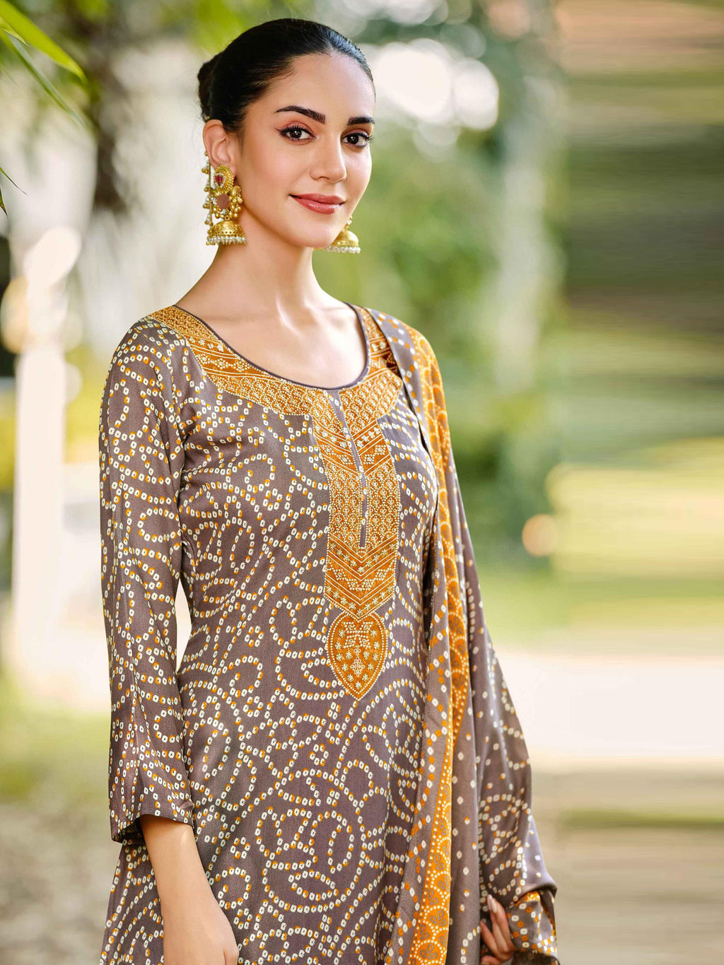 Royal Brown Pashmina Digital Printed Dress Material | Bandhani Print & Embroidered Neckline